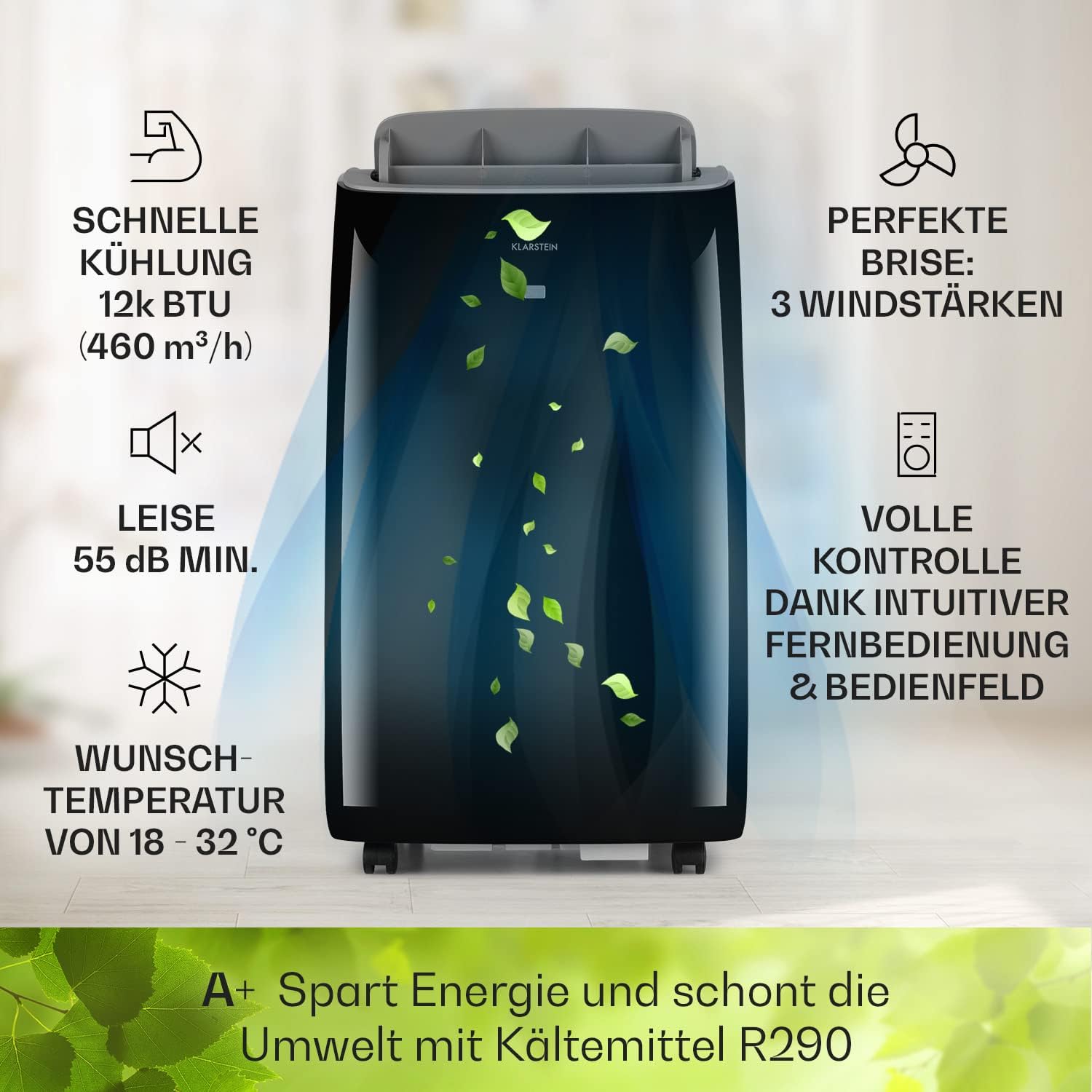 KLARSTEIN Grandbreeze Pro 14K – Mobiles Klimagerät, Luftentfeuchter, Ventilator, 3 Geschwindigkeiten, 14000 BTU/1,65 kW, Raum: 42 bis 68 m², Durchfluss: 460 m³/h, CEE A – Weiß Klimaanlage
