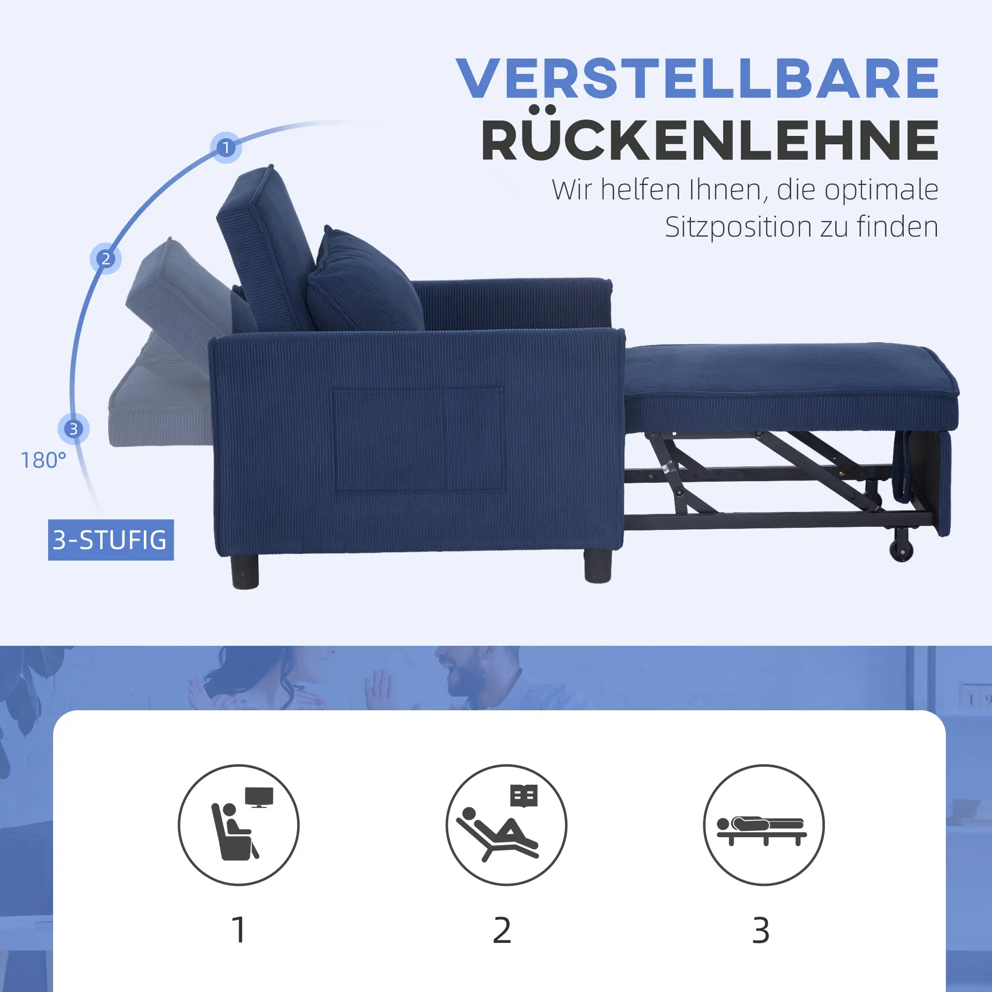 HOMCOM Schlafsessel Klappbett 3in1 verstellbar mit Rollen Blau