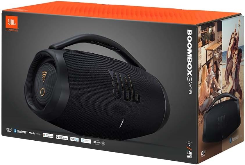 JBL Boombox 3 Wifi – Kabelloser Lautsprecher mit Bluetooth und Wifi – Kompatibel mit der JBL One App – 24 Stunden Wiedergabezeit – Wasser- und staubdicht – Integrierte Powerbank – Schwarz