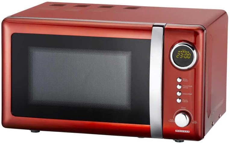 Melissa 16330109 Classico Mikrowelle Mikrowellenofen Retro-Design Metall-Gehäuse, 20 Liter Garraum, 700 Watt Mikrowellenleistung, Timer, 5 Leistungsstufen, Rot Metallic