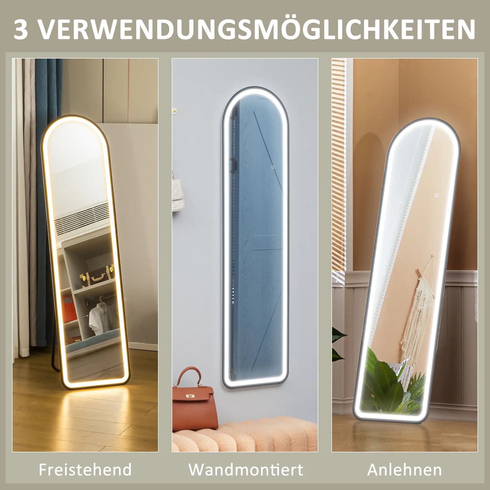 HOMCOM Standspiegel LED Touch Ganzkörperspiegel 3-in-1 Bogenform