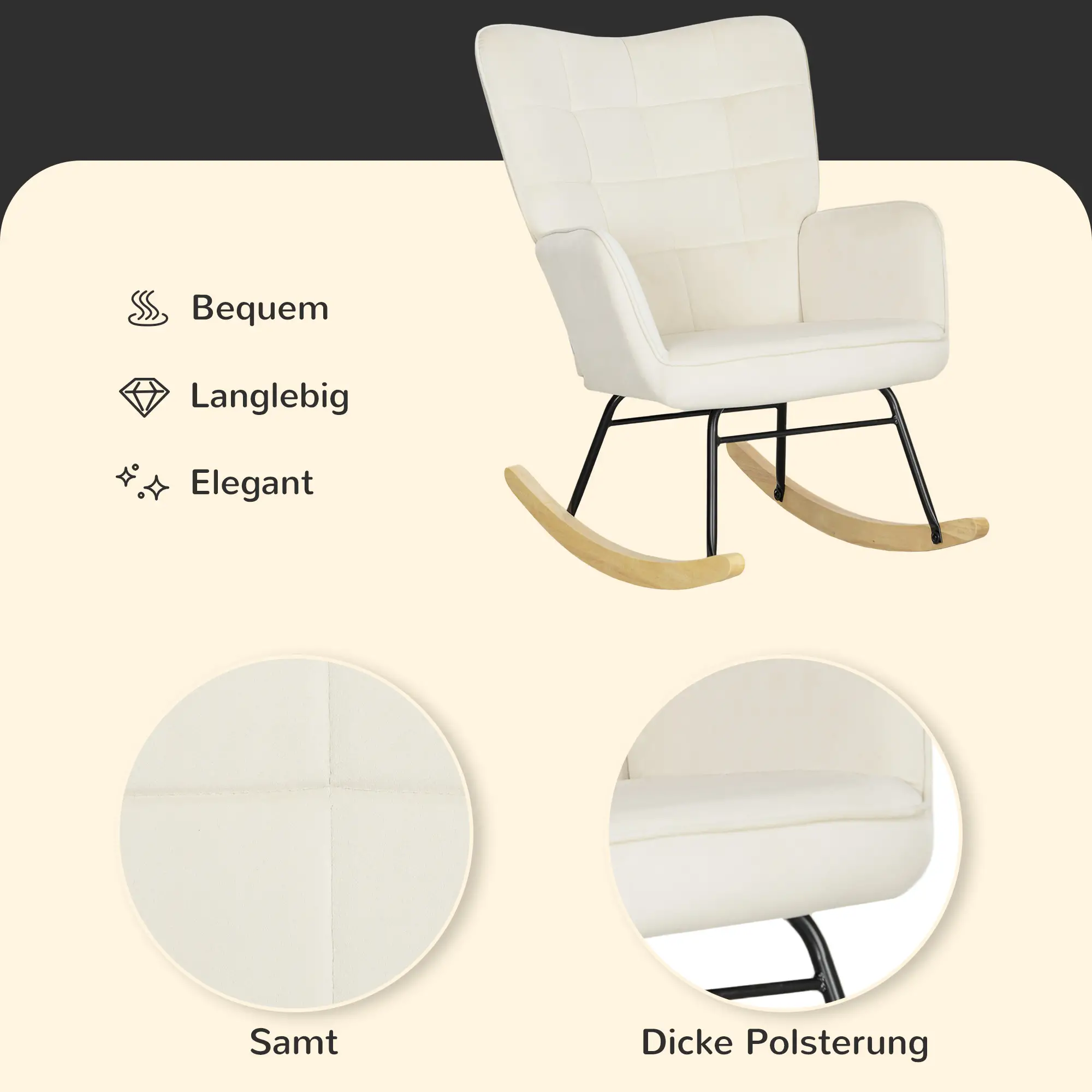 HOMCOM Schaukelstuhl Samtoptik Holzkufen Elegantes Design Beige