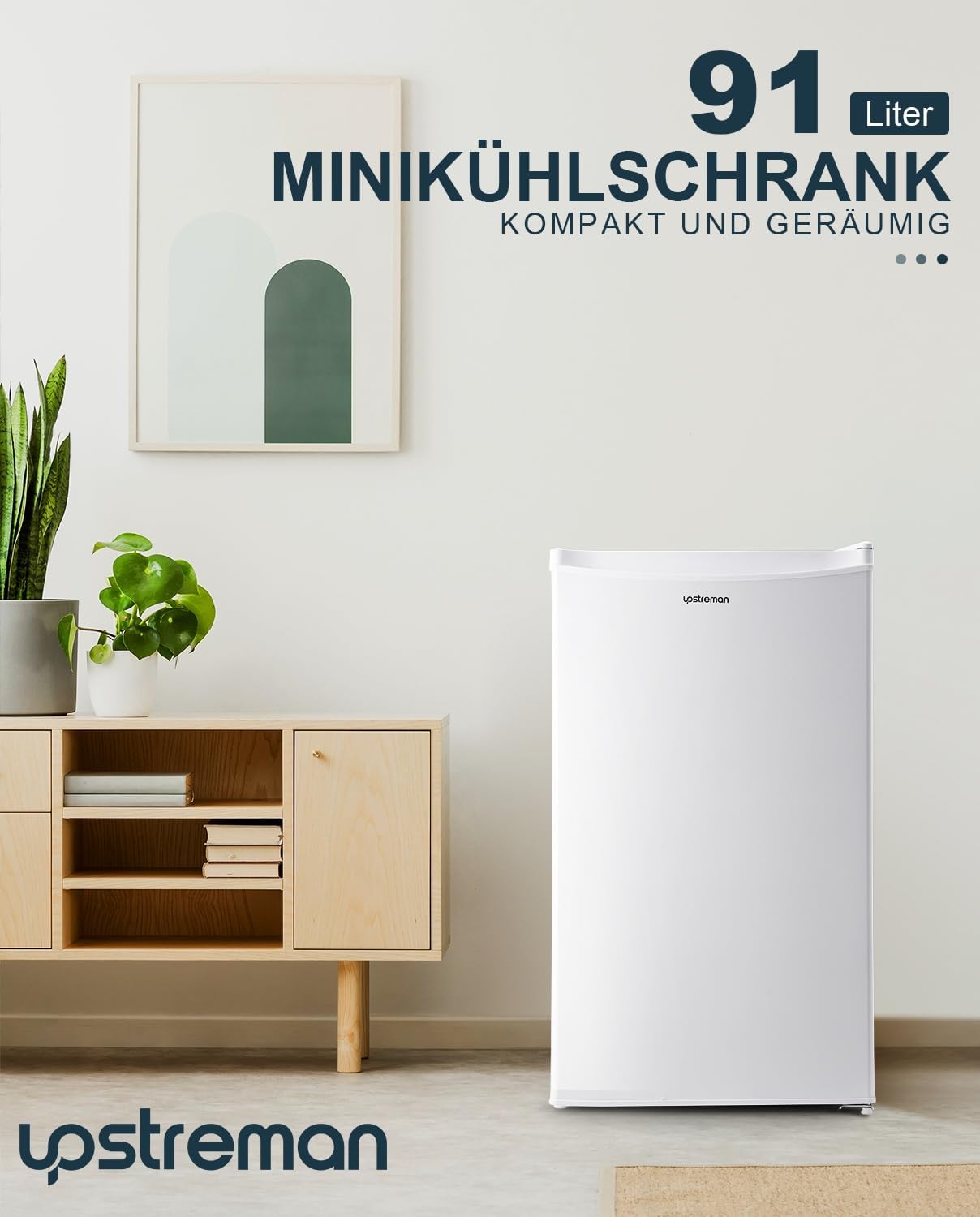 Upstreman 91L Kühlschrank mit Gefrierfach,Kleiner Kühlschrank mit Gemüsefach und Gefrierfach, Einstellbarem Thermostat, Mini-Kühlschrank für Wohnheim, Büro, Schlafzimmer, Weiß-BR321