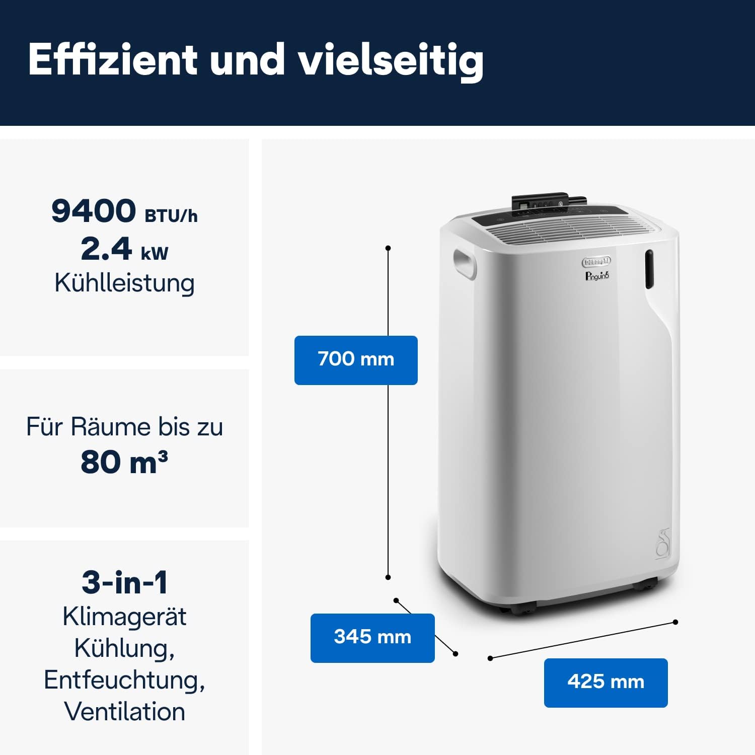 De'Longhi Pinguino PAC EM82, Mobile Klimaanlage für Rume bis zu 80 m, 9.400 BTU, 2,4 kW, 63 dB, Entfeuchtungsfunktion, Energieklasse A, 24h-Timer, Wei