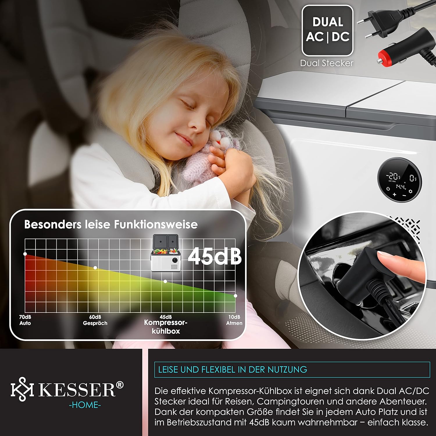 KESSER Kompressor Kühlbox 2in1 Doppelzone Kühl & Gefrierfach elektrische Gefrierbox mit 2x Kühlakkus & LED-Touch-Bedienung | Kühlschrank Kühlung bis -20 °C für Camping, Auto, Lkw 12/24V 230V