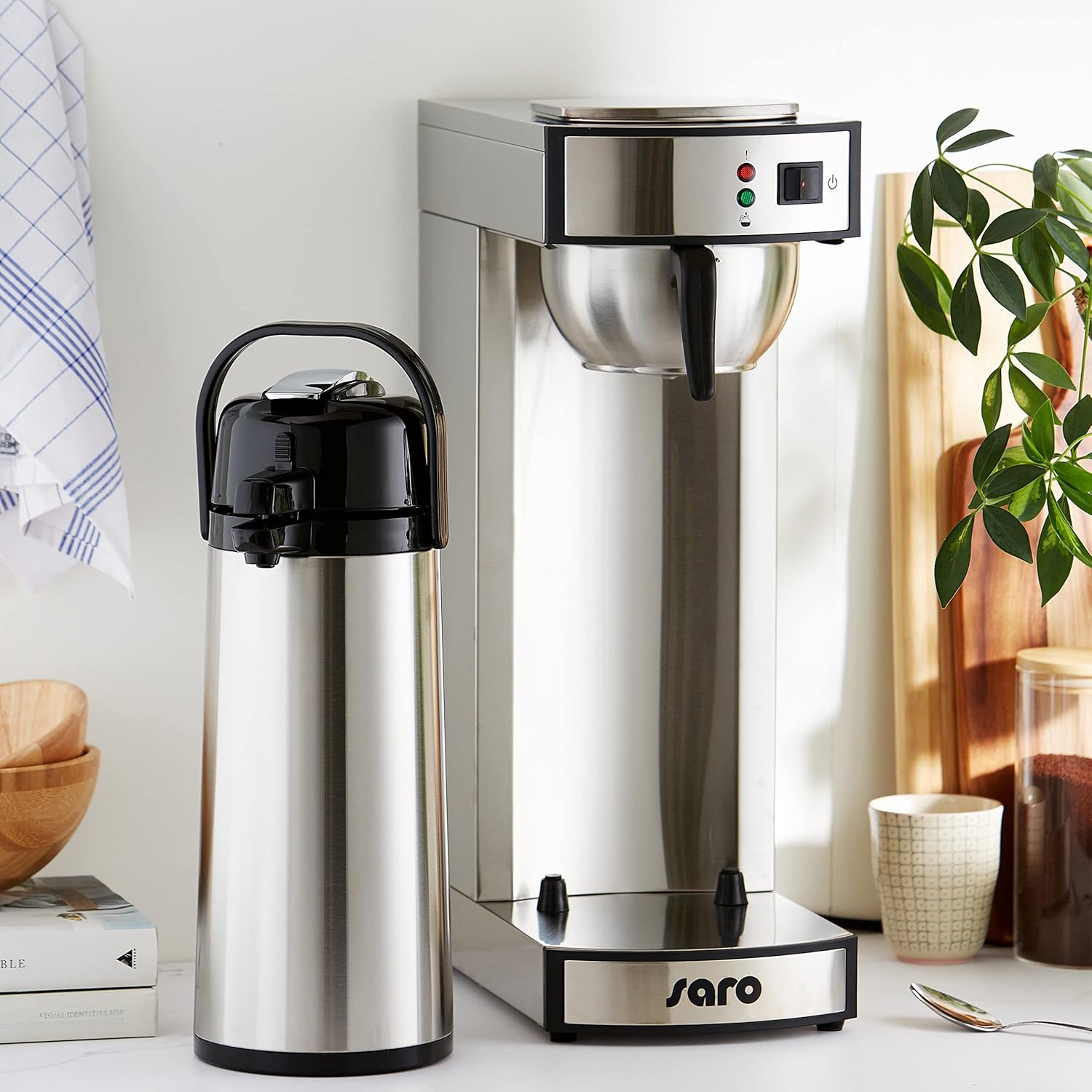 Saro Thermo Kaffeemaschine mit Korbfilter und Thermoskanne Industriekaffeemaschine mit Pumpkanne (2,2 Liter, ca. 10 Tassen Kaffee, Brüh- & Warmhaltefunktion), silber