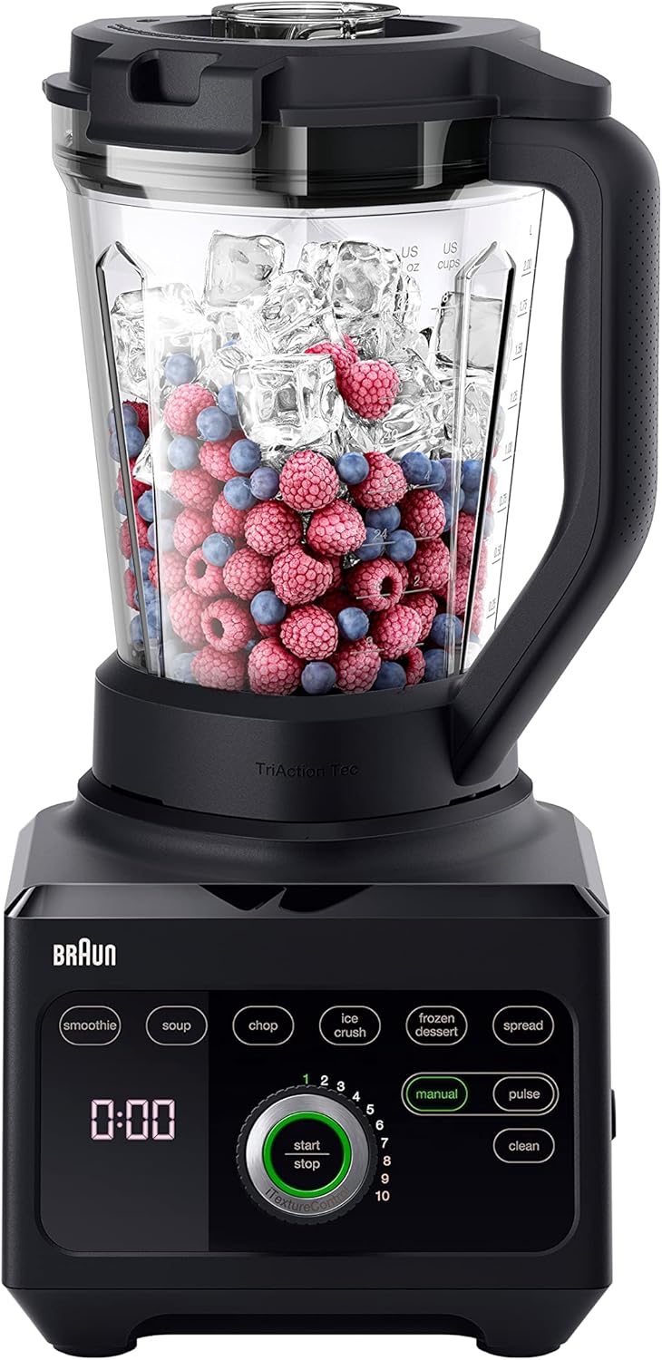 Braun PowerBlend 9 JB9040 Hochleistungsmixer – Mixer mit Tritan-Krug, 18 Mixprogramme, 10 Geschwindigkeiten + Pulsfunktion, Heißsuppenfunktion, Reinigungsprogramm, Ausguss, 1600 W, Schwarz