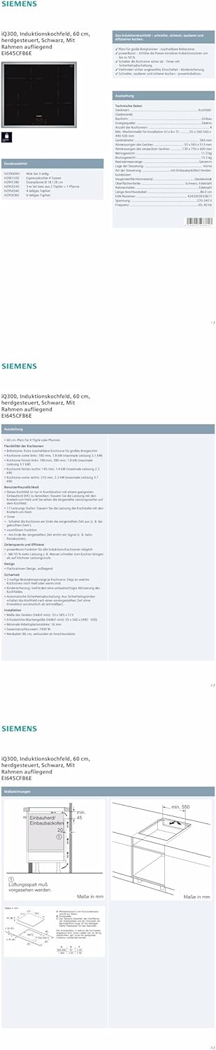 Siemens EQ522IA00 iQ500 Herd-Glaskeramik-Kochfeld-Kombination herdgesteuert, 59,4 cm breit, granit Glanz-Emaille - einfache Reinigung, cookControl10 - Automatikprogramme