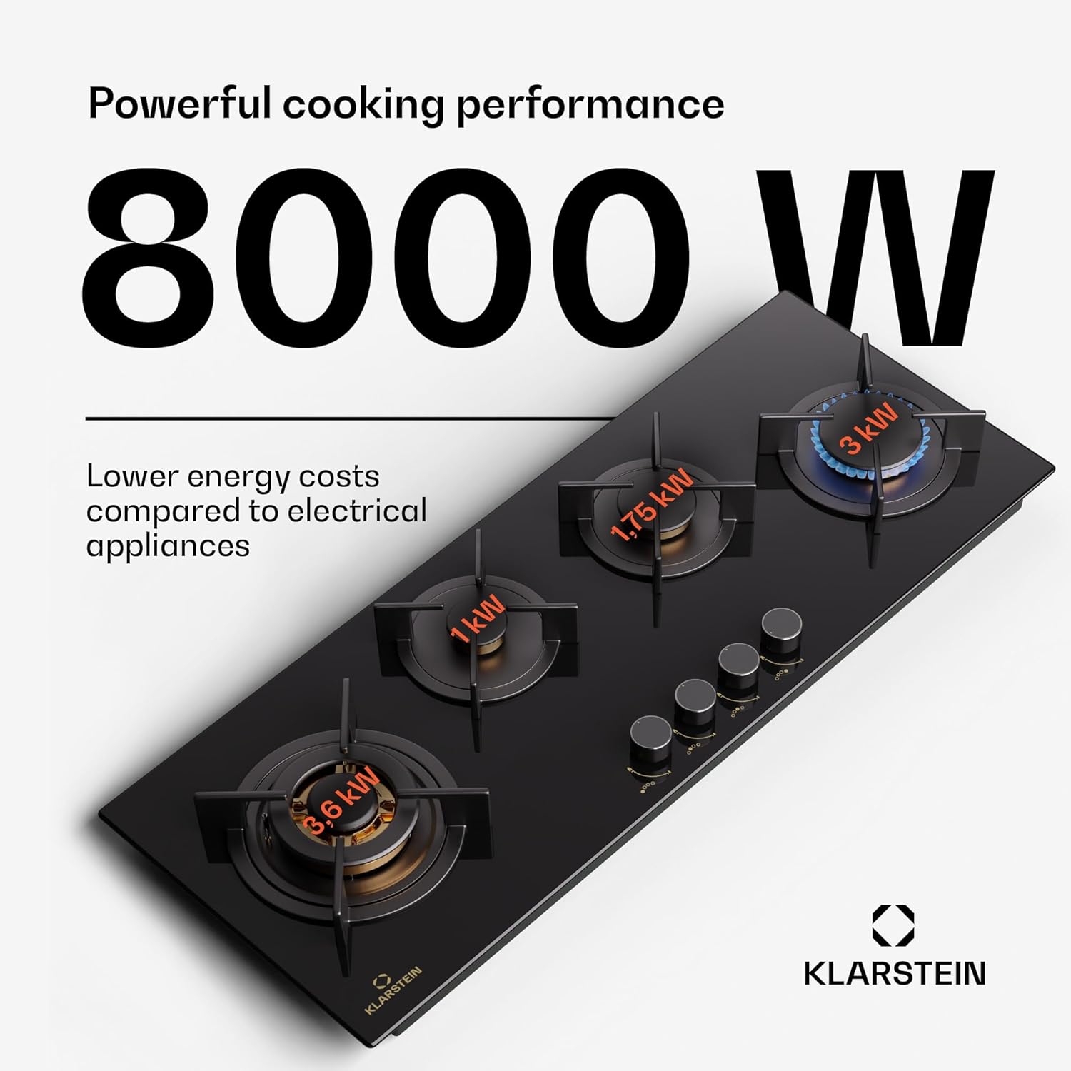 Klarstein Gasherd, Gaskochfeld 5 Flammen, Einbau-Gaskocher für Zuhause & Wohnmobil, Campingkocher mit Glasplatte, Gasherd für Propan- und Erdgas, Edelstahl Gas-Herdplatte Wok Brenner 10400 Watt