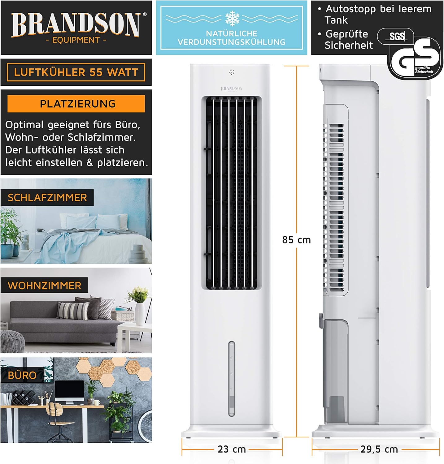 Brandson - Luftkühler mit Wasserkühlung 5 in 1 - Verdunstungskühler, Luftbefeuchter, Ventilator & Luftreiniger, mobile Klimaanlage ohne Abluftschlauch - Preisträger 2025 - leise - 5L Wassertank