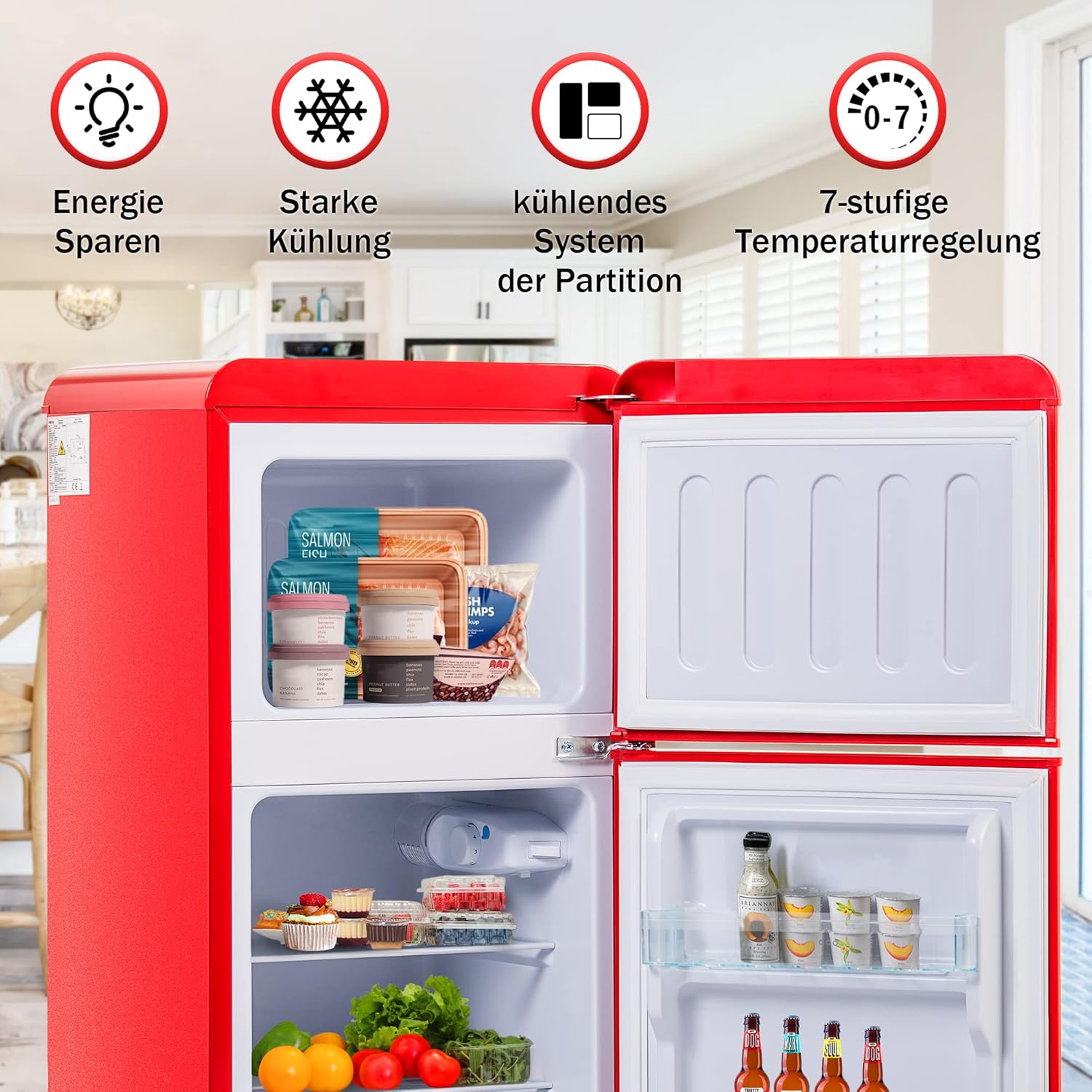 Merax Kühlschrank mit Gefrierfach, Kühl-Gefrierkombination, klein Kühlschrank mit 51L und Gefrierschrank 21L, Leise, LED, Glasablagen, Gemüsefach, Türablagen, für Küche, Wohnzimmer, Büro, Schwarz