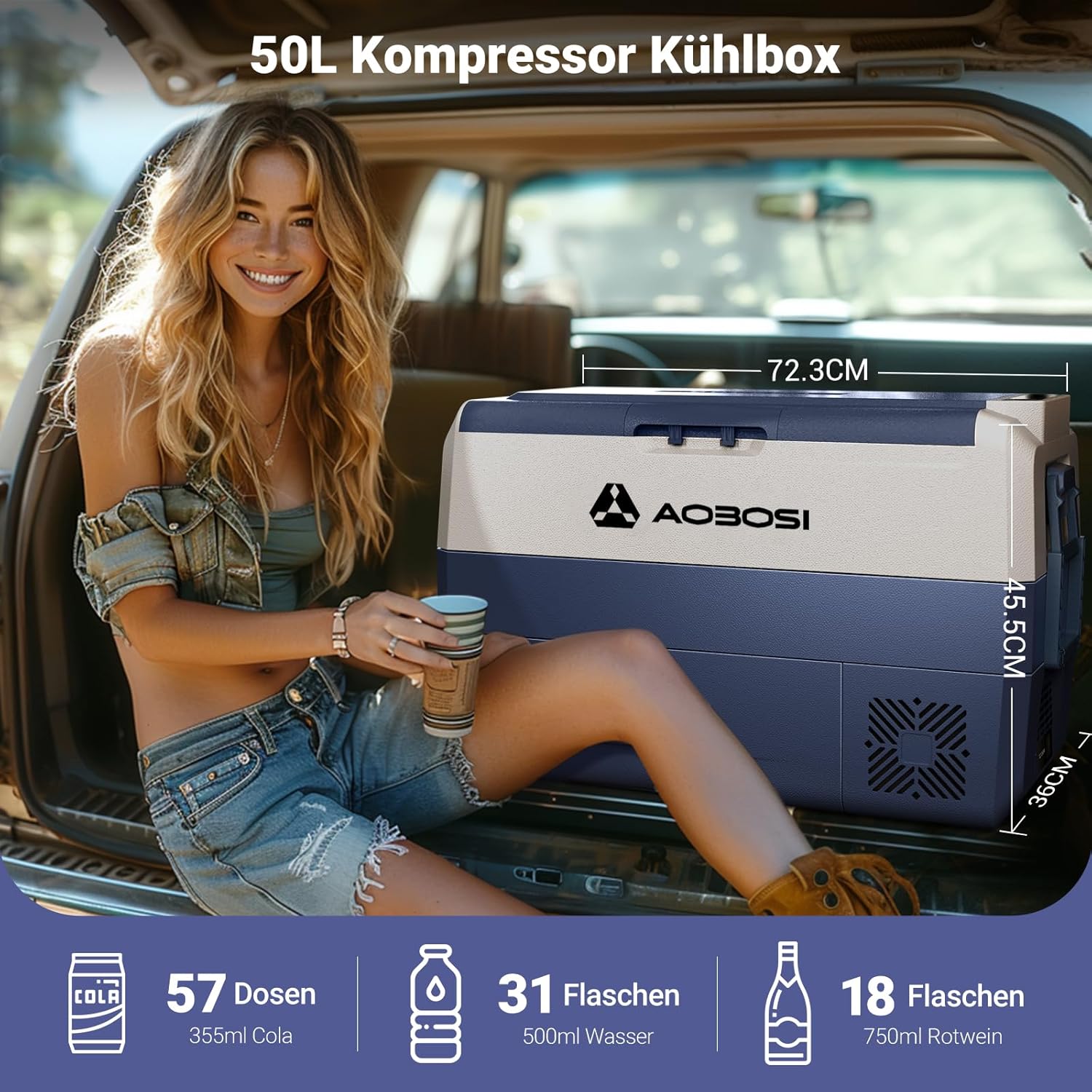 AAOBOSI Compressor Cool Box 36 L, Cool Box Car with WiFi App Control, 12/24 V and 100-240 V Electric Cool Box, up to -20 °C for Car, Truck, Boat, Motorhome, Camping, Double Zone