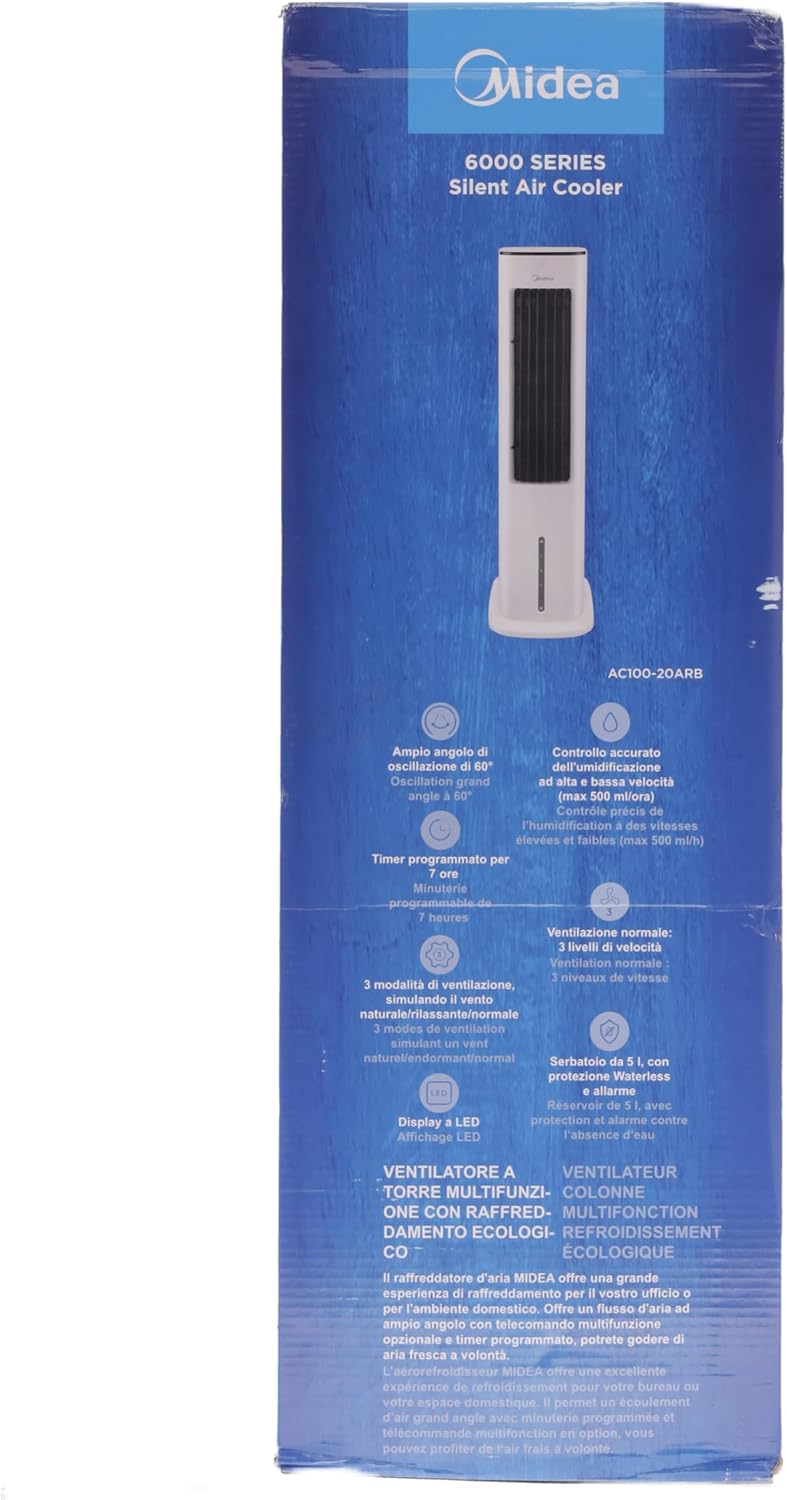 Midea Luftkühler mit Wasserkühlung, Klimaanlage Mobil, Ventilator mit 5L Wasserkühlung, Luftbefeuchter und Ionisation, Klimaanlage Ohne Abluftschlauch, 355m/h, Ventilator mit Fernbedienung,55W,Wei