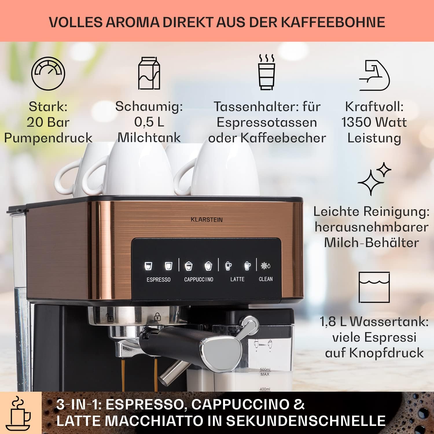 Klarstein Espresso Siebträgermaschine mit Milchaufschäumer, 1,8L Mini-Espressomaschine mit Siebträger, 20 Bar, Edelstahl, Klein, 0,5L Milchtank, 1350W Kaffeemaschine für Gemahlenen Kaffee