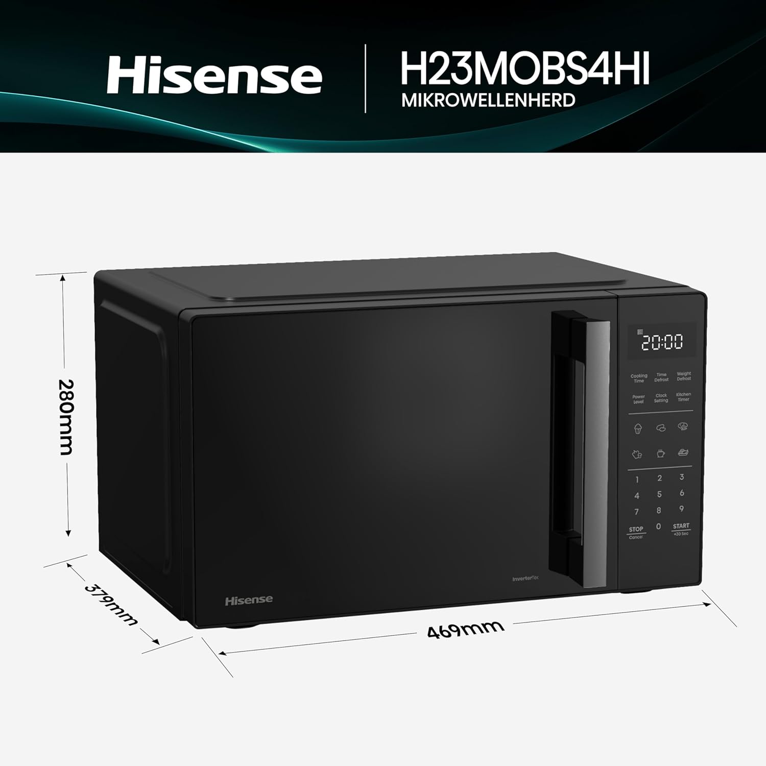 Hisense Elektronische Mikrowelle, Fassungsvermögen 23 l, Leistung 800 W, Grillleistung 1000 W, LED-Display mit Touch-Steuerung, Schwarz