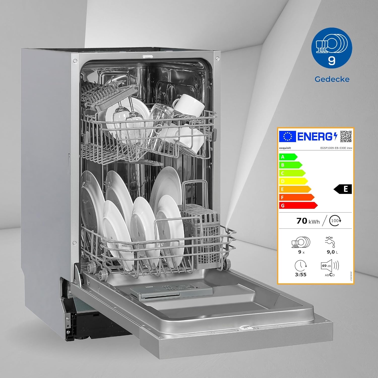 Exquisit Geschirrspüler, Spülmaschine, 45 cm Breite, Teilintegriert, 9 Maßgedecke, 9 Liter, Startzeitvorwahl, ECO-Modus, Geschirrspüler 45 cm, EGSP51009-EB-030E inox