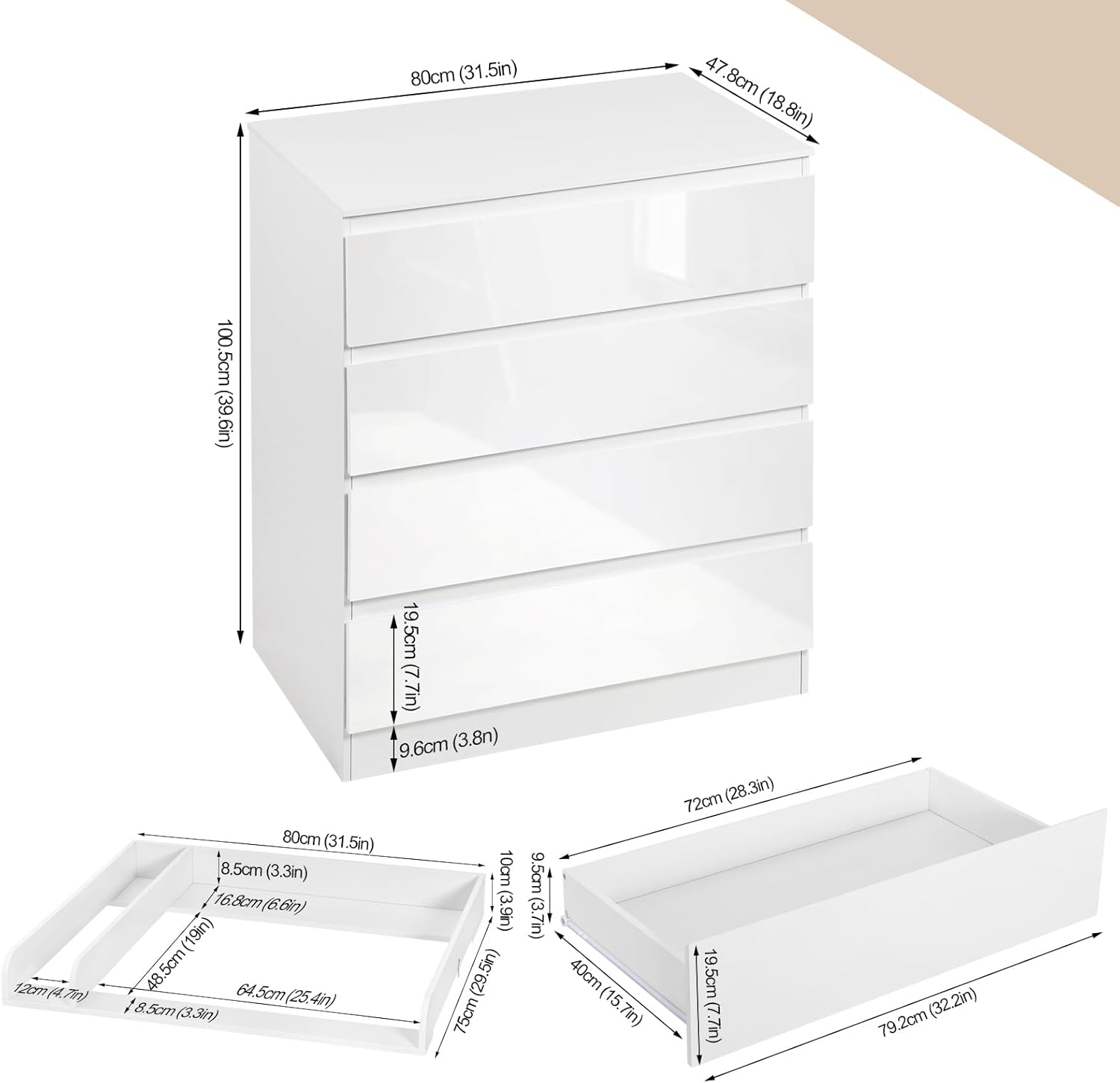 WOLTU Wickelkommode mit abnehmbarer Wickelaufsatz, Wickeltisch Baby, Wickelregal, Kommode mit 4 Schubladen, Höhe 110 cm, Weiß + Hochglanz Weiß