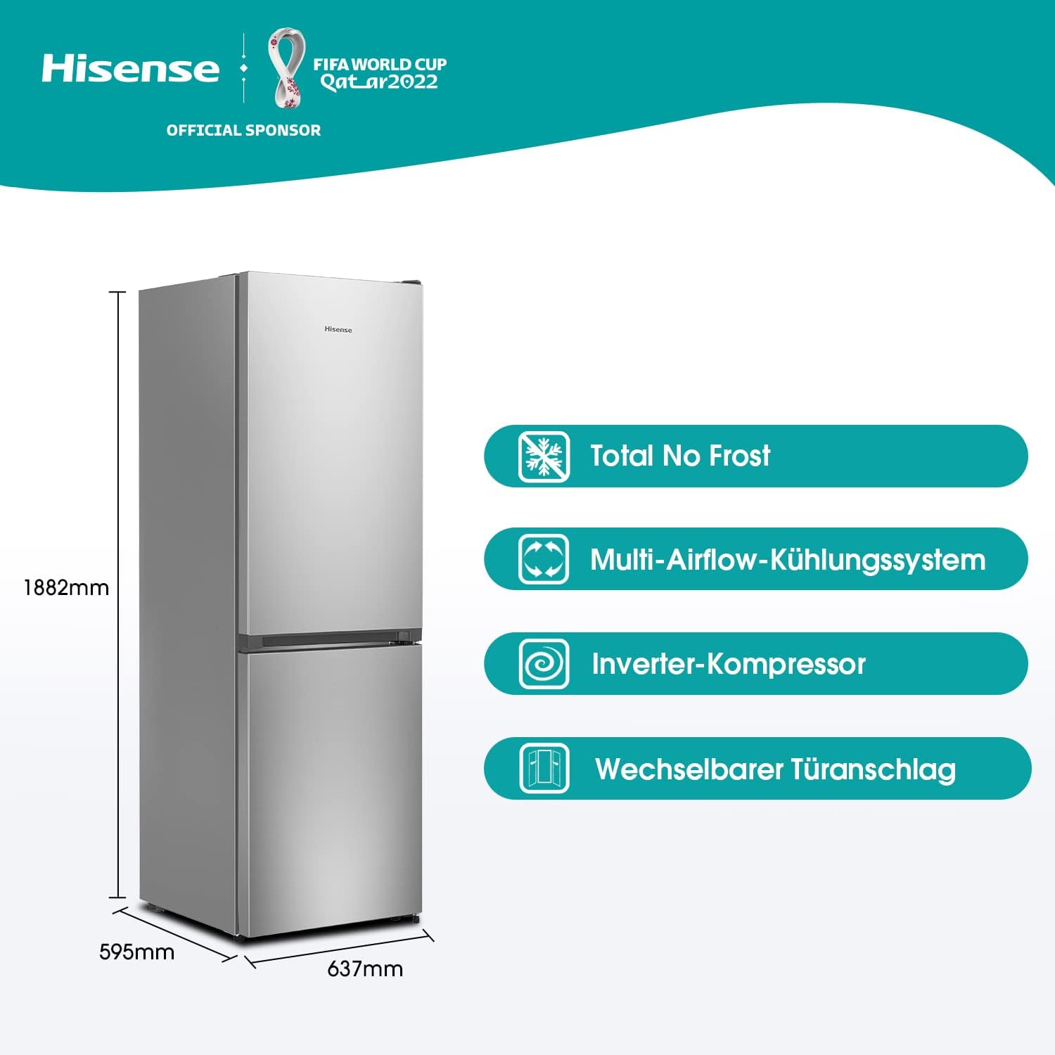 Hisense RB327N4ADD Fridge-Freezer Combination, EEK D, Total NoFrost, Interchangeable Door Hinge, Bottle Grid, 171 Litre Fridge Compartment, 85 Litre Freezer Compartment, Stainless Steel Look