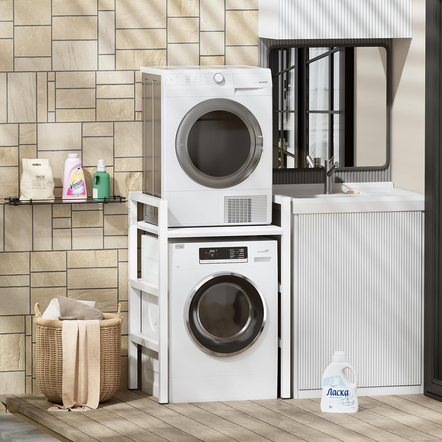 MSFE Regal über Waschmaschine,Höhenverstellbarer Wäschetrocknerständer,Lagerregal über der Waschmaschine, Tragfähigkeit 350 kg,für Waschmaschine und Trockner,73 * 64 * 110cm,Patentiertes Produkt