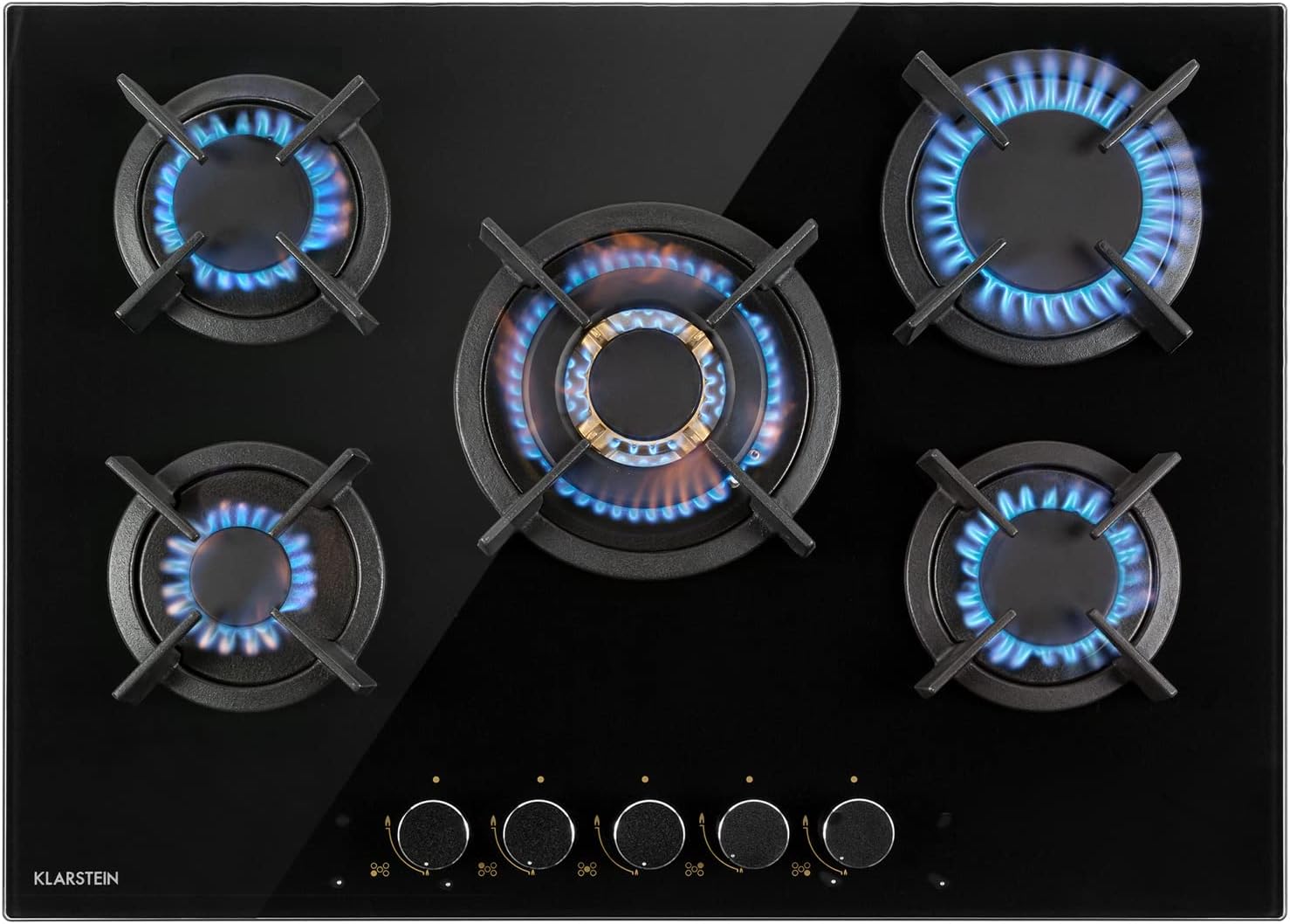 Klarstein Gasherd, Gaskochfeld 5 Flammen, Einbau-Gaskocher für Zuhause & Wohnmobil, Campingkocher mit Glasplatte, Gasherd für Propan- und Erdgas, Edelstahl Gas-Herdplatte Wok Brenner 10400 Watt
