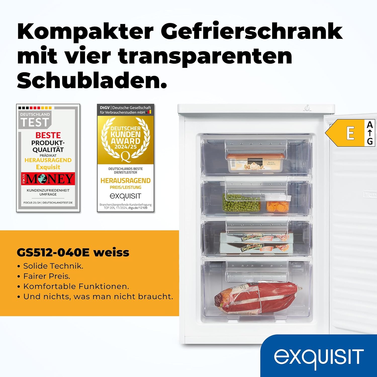 Exquisit Gefrierschrank, Tiefkühlschrank mit 4 Schubladen, 4-Sterne-Gefrieren, 91 Liter, Gefrierschrank klein, GS512-040E weiss