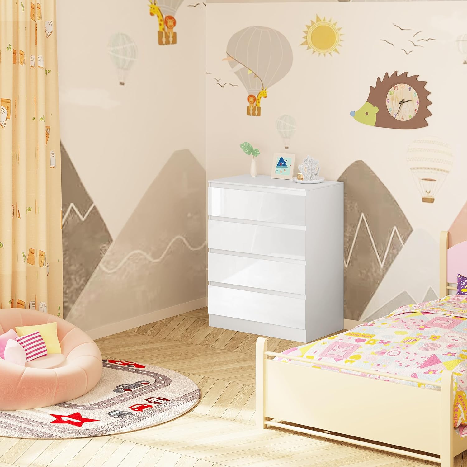 WOLTU Wickelkommode mit abnehmbarer Wickelaufsatz, Wickeltisch Baby, Wickelregal, Kommode mit 4 Schubladen, Höhe 110 cm, Weiß + Hochglanz Weiß