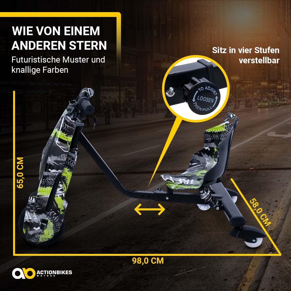 Actionbikes Motors Kinder Elektro Driftscooter | 𝟐𝟓𝟎 Watt Motor - Drift Cart 360°- 3 Geschwindigkeitsstufen - LED-Beleuchtung - Sitz verstellbar - Bluetooth - Drift Kart - Drift Auto (Space Purple)