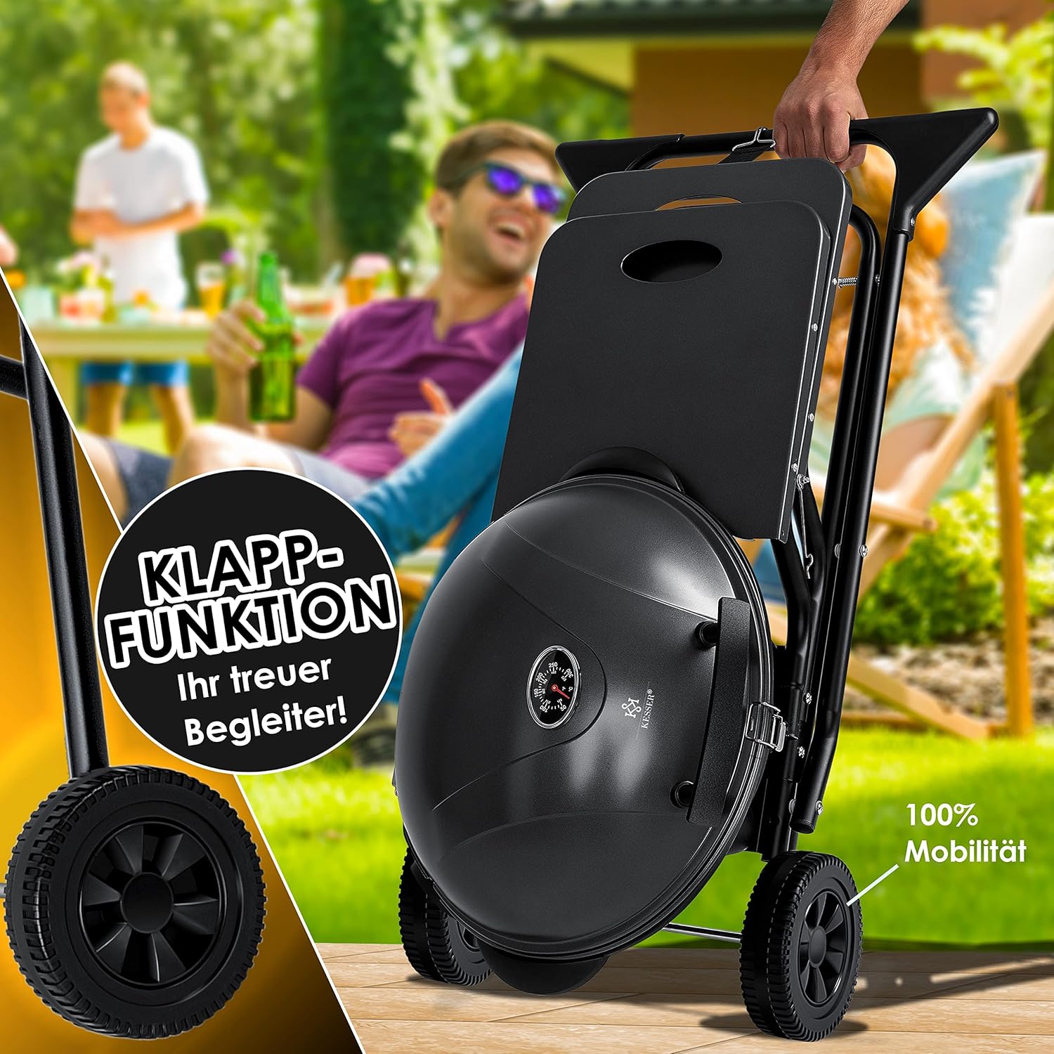 KESSER elektrischer Elektrogrill 2in1 Tischgrill - Standgrill mit Deckel und Standfuß | max. 2400 Watt | Faltbar | Thermostat | Antihaftbeschichtung | Grillplatte Abstelltische | 2 Räder |