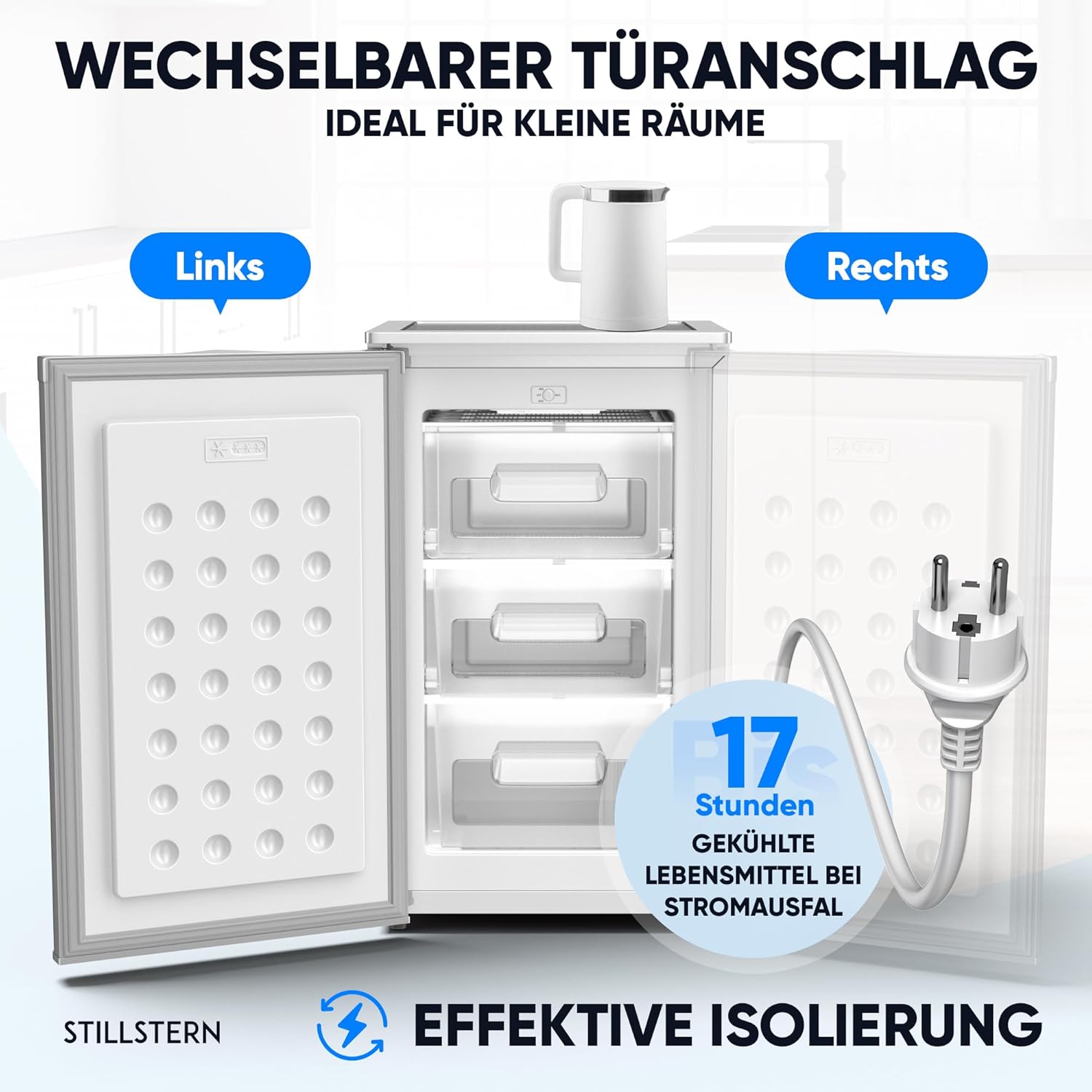 Stillstern Gefrierschrank C (73L) 4-Sterne-Gefrierfach -18°C, geringer Energieverbrauch, 3 Fächer, stufenlos regelbare Temperatur, wechselbarer Türanschlag, Gefrierschrank Klein, Tiefkühlschrank