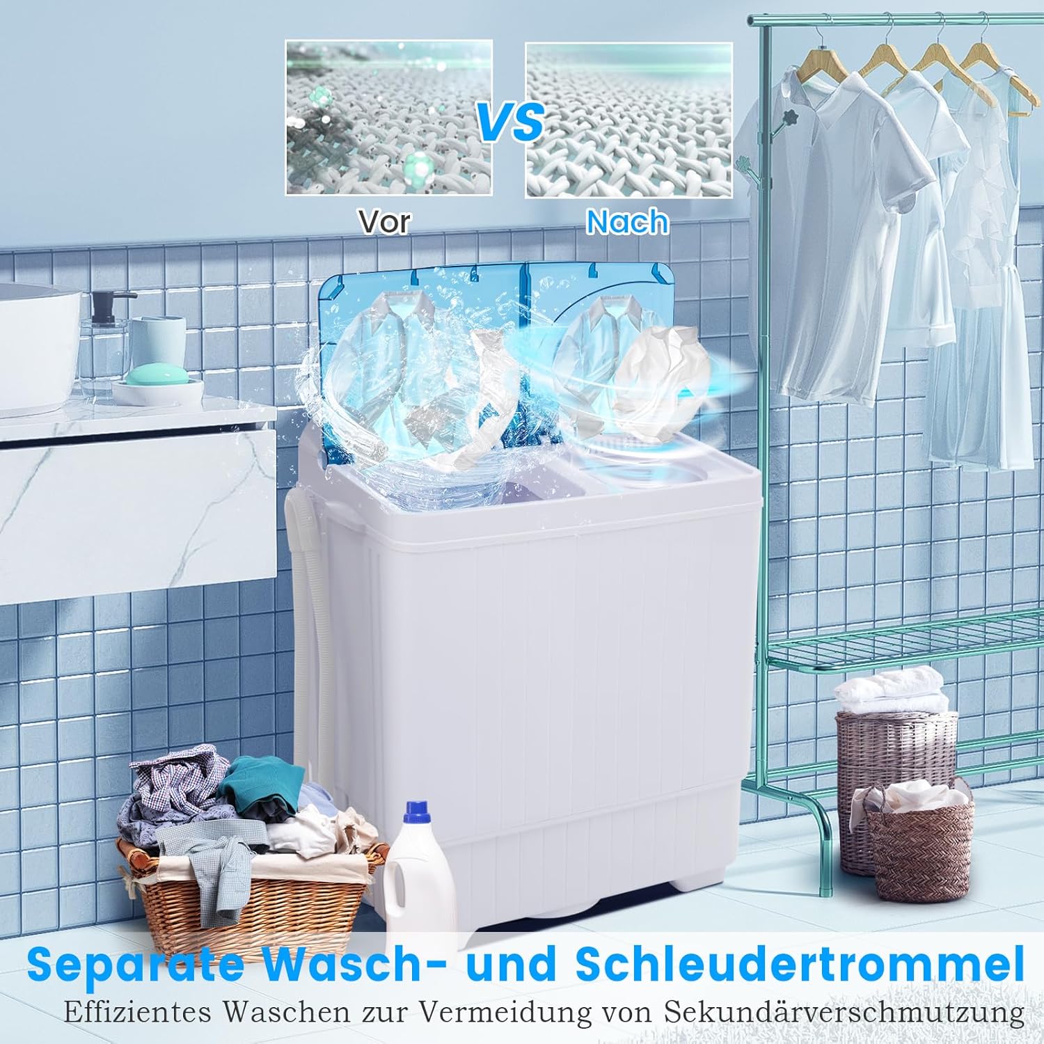 GOPLUS Toplader Waschmaschine 6,5KG, Waschmaschine mit 2 Kammern, Timer-Funktion, Waschautomat mit 2KG Schleuderkapazität, inkl. Ablaufpumpe, für kleine Wohnungen (Blau)