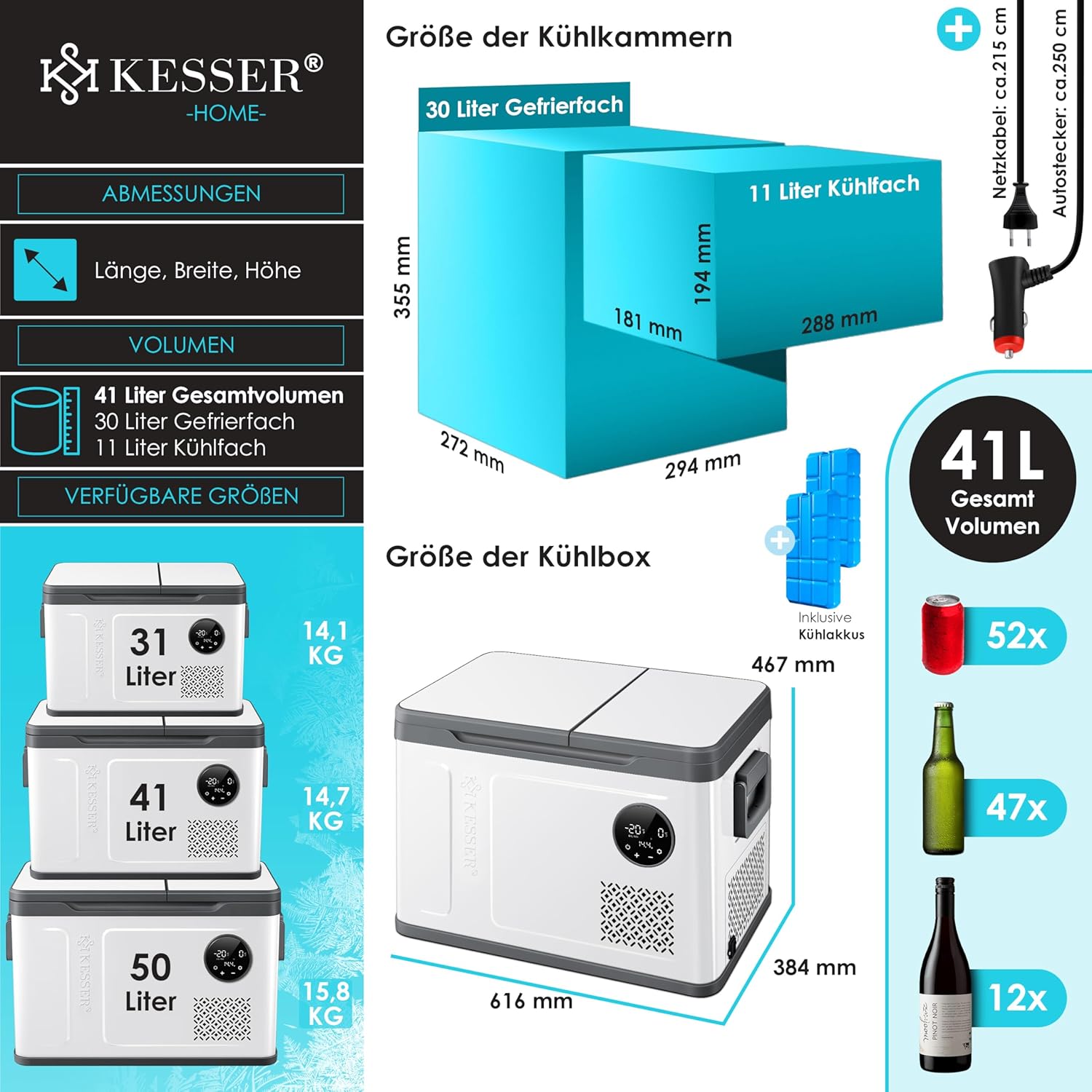 KESSER® Kompressor Kühlbox 2in1 Doppelzone Kühl & Gefrierfach elektrische Gefrierbox mit 2x Kühlakkus & LED-Touch-Bedienung | Kühlschrank Kühlung bis -20 °C für Camping, Auto, Lkw 12/24V 230V