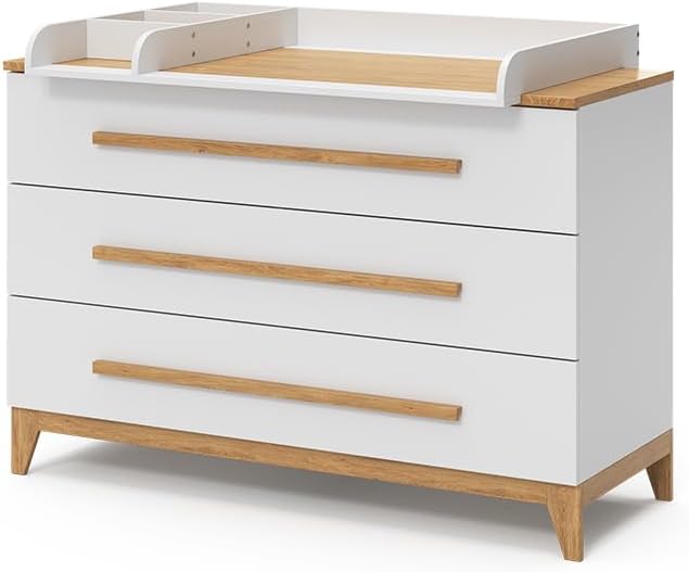 VitaliSpa Wickelkommode Malia, Weiß/Eiche, 133 x 98 cm XL mit 3 Schubladen