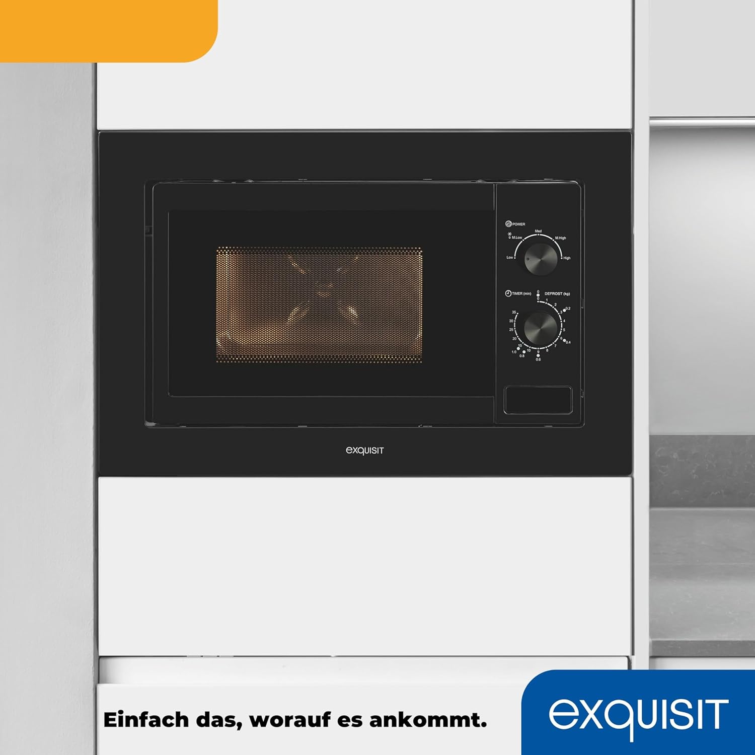 Exquisit Einbaumikrowelle EMW10-020 inox | 800 W Leistung | Kinderleichte Bedienung | Einfacher Einbau | Timer | Drehteller 27cm | Mikrowelle 60 cm | Einbaugerät | Edelstahl