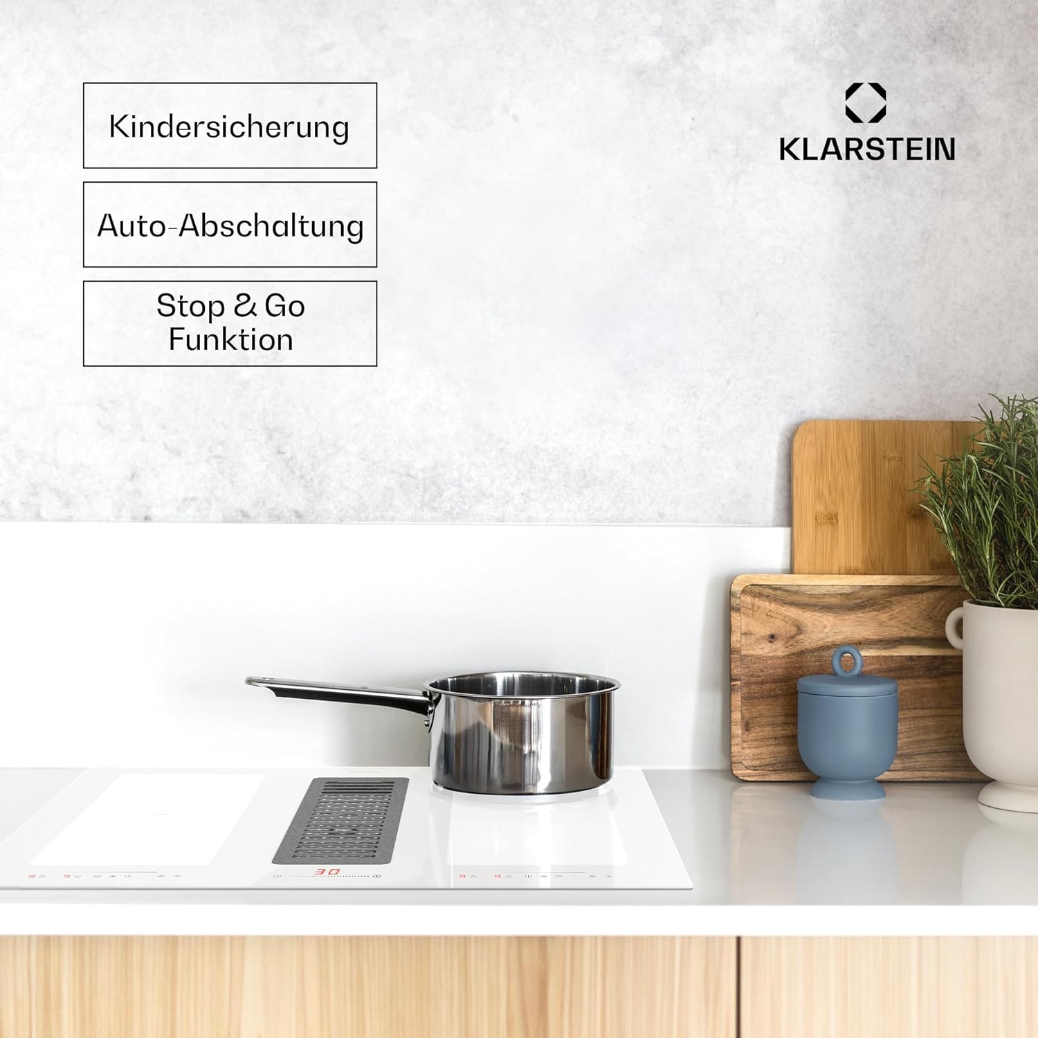 Klarstein 2-in-1 Induktionskochfeld mit Dunstabzug, Induktionskochfeld mit Abluft & Ventilator, 4-Zonen-Kochfeld, Glaskeramik-Einbauherd, Kochfeld mit Dunstabzug, Energieklasse A, 654m³/h Luftstrom