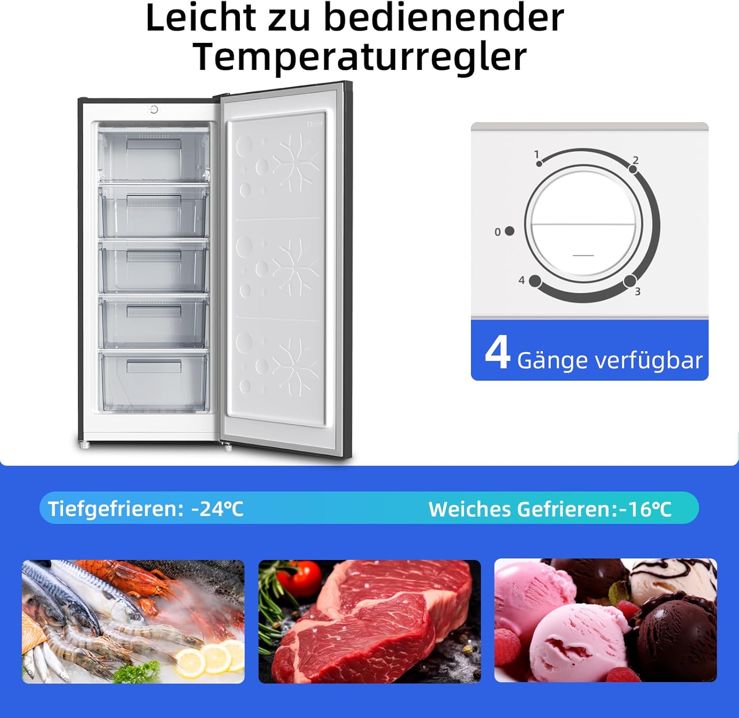 CHIQ Gefrierschrank FSD160D4E | Wechselbarer Türanschlag | Sehr Leise 41 DB (145L Manuelle Abtauung)| 12 Jahre Garantie auf den Kompressor*| 126 x 54 x 55 cm (HxBxT)