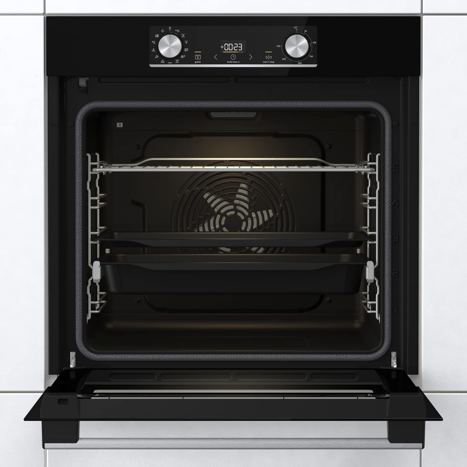 Gorenje 738971 Einbaubackofen-Set OptiBake Black Steam Pyro Set / 77L / Heißluft/Pyrolyse/ExtraSteam/GentleClose/AirFry/Pizzamode 300°C/PerfectGrill/Induktions-Kochfeld mit BridgeZone/schwarz