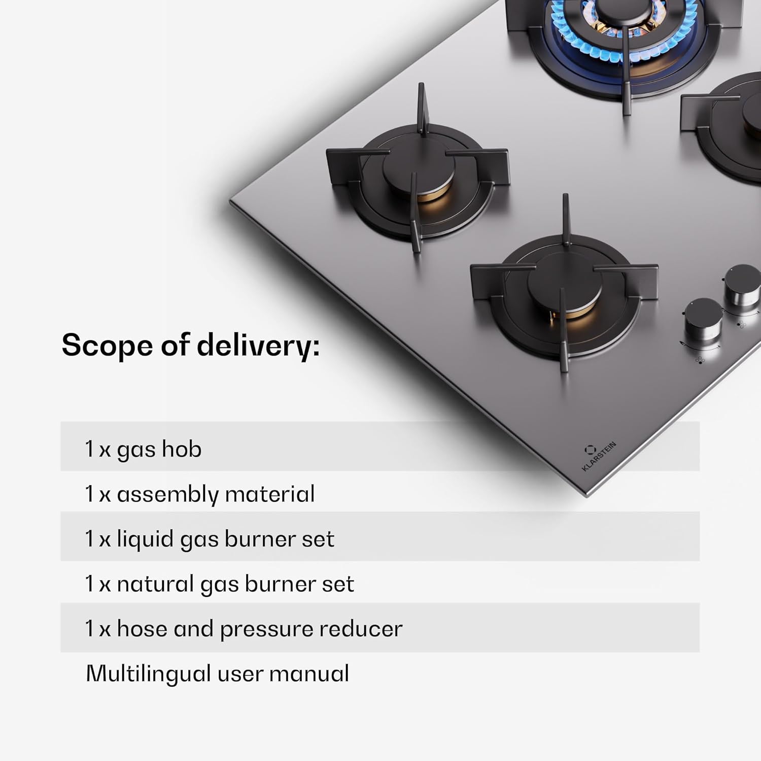 Klarstein Gasherd, Gaskochfeld 5 Flammen, Einbau-Gaskocher für Zuhause & Wohnmobil, Campingkocher mit Glasplatte, Gasherd für Propan- und Erdgas, Edelstahl Gas-Herdplatte Wok Brenner 10400 Watt