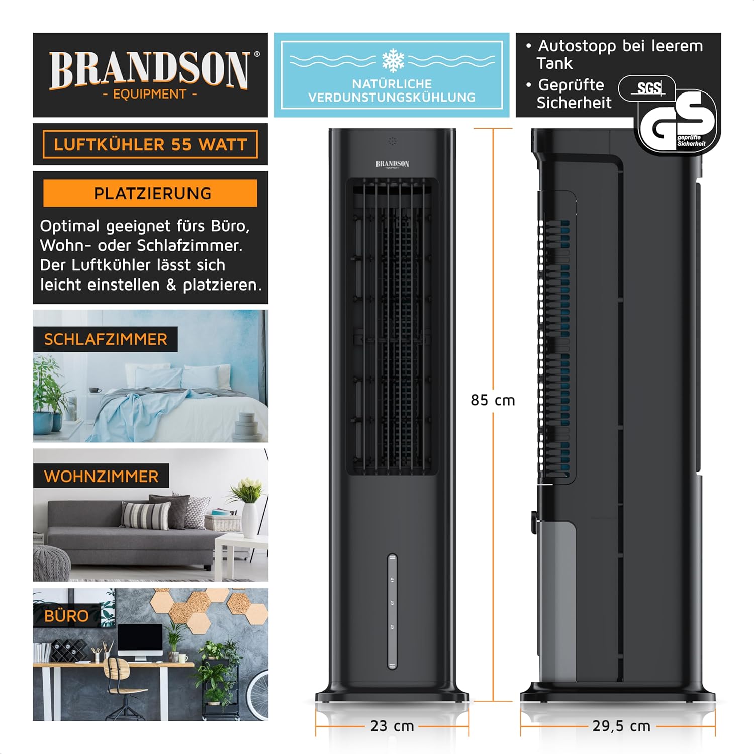 Brandson - Luftkühler mit Wasserkühlung 5 in 1 - Verdunstungskühler, Luftbefeuchter, Ventilator & Luftreiniger, mobile Klimaanlage ohne Abluftschlauch - Preisträger 2025 - leise - 5L Wassertank