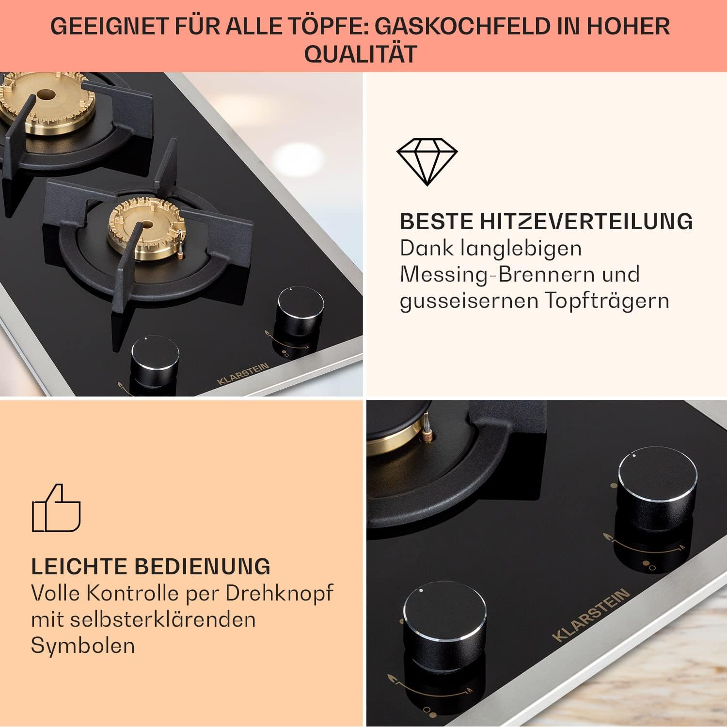 Klarstein Gasherd, Gaskochfeld 4 Flammig, Einbau-Gaskocher für Zuhause & Wohnmobil, Campingkocher mit Glasplatte, Gasherd für Propan- und Erdgas, Edelstahl Gas-Herdplatte Wok Brenner 8000 Watt