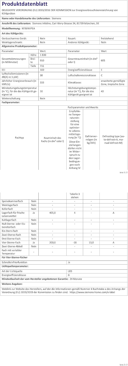 SIEMENS KF96NVPEA iQ300 Multi-Door-Kühlschrank, 183 x 91 cm, 405 L Kühlen & 200 L Gefrieren, hyperFresh längere Frische, noFrost nie wieder abtauen, superCooling schnellere Kühlung