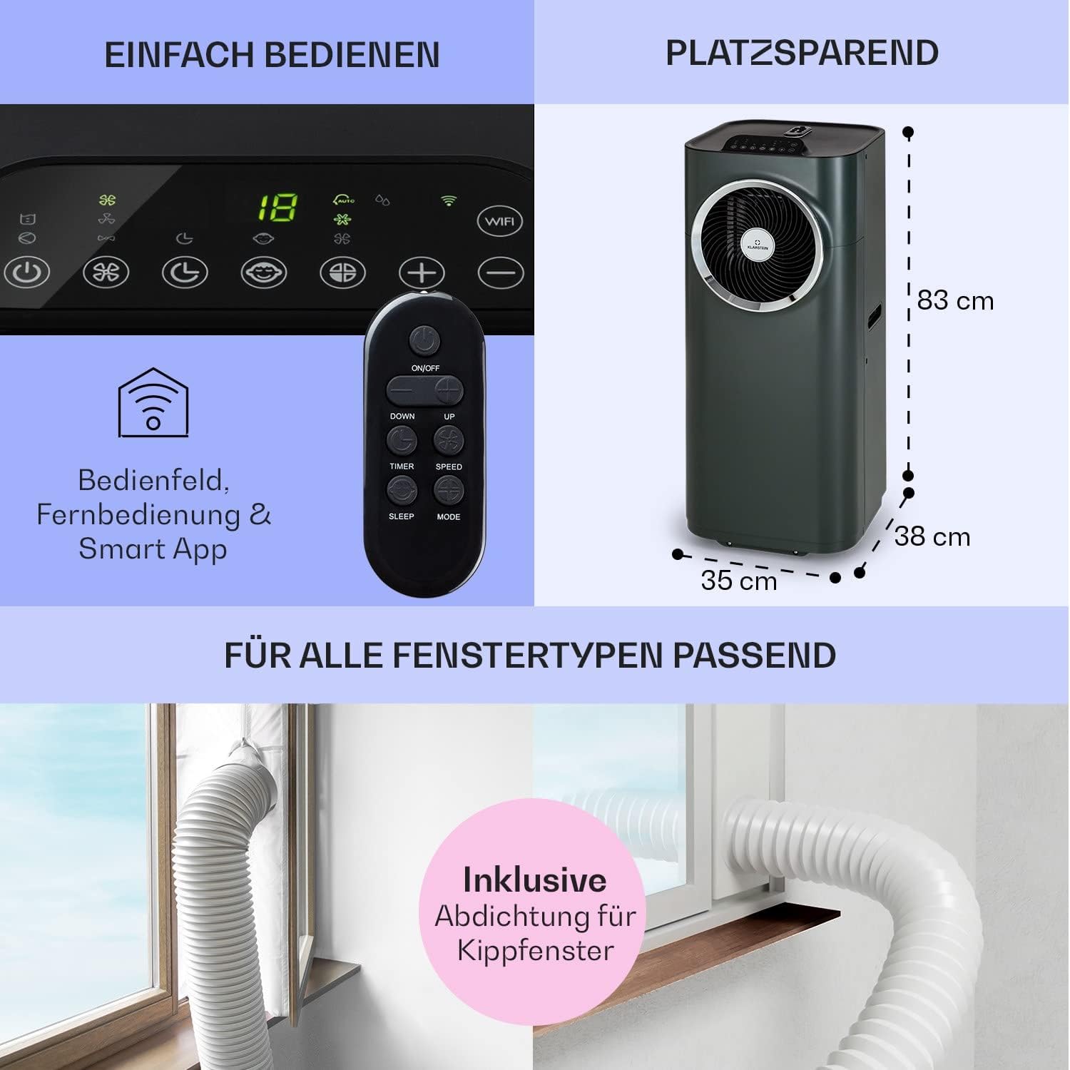 Klarstein Mobile Klimaanlage mit Abluftschlauch, 5-in-1 Klimagerät, Ventilator, Luftentfeuchter, Luftreiniger & Nachtmodus, App-Steuerung, Kleine & Portable für Wohnung & Büro, 12000 BTU