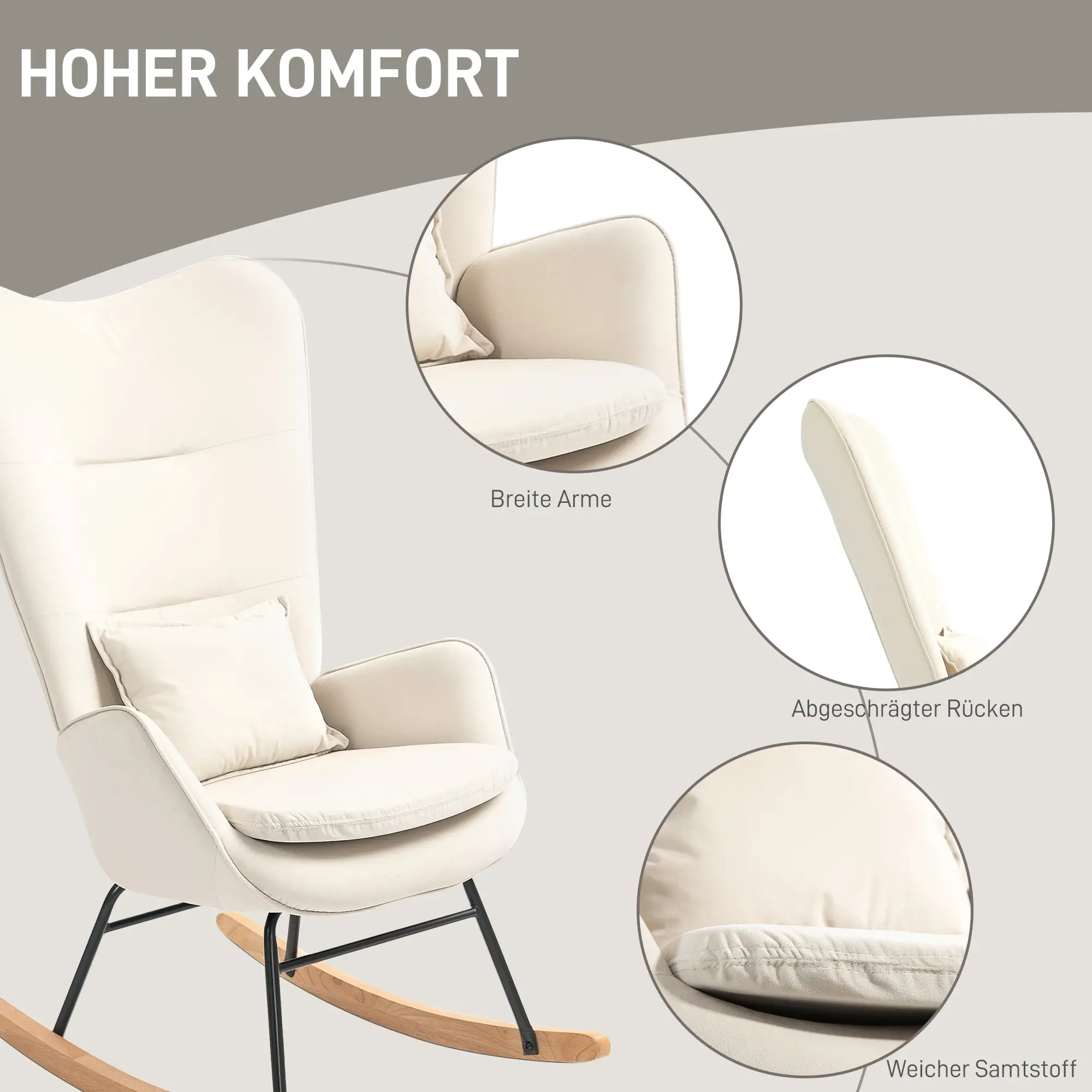 HOMCOM Schaukelstuhl Polsterstuhl mit Nierenkissen & Filzstreifen cremeweiß