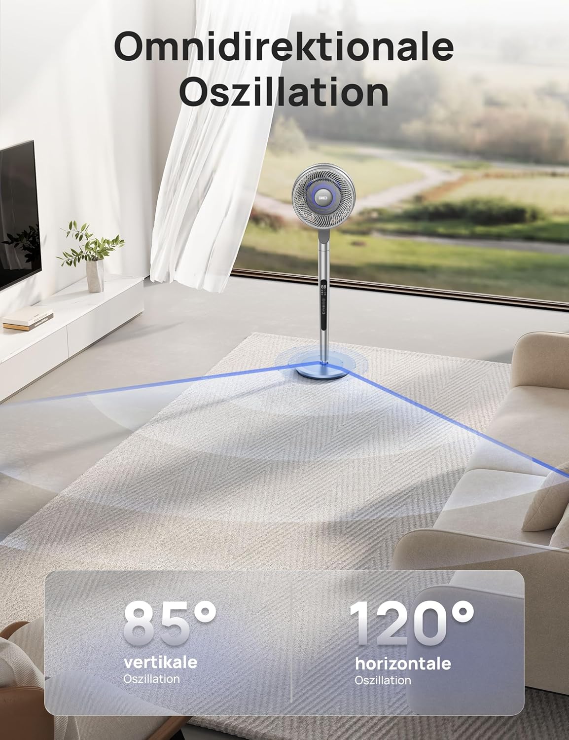 Dreo Standventilator mit intelligenter Steuerung, 101,6–111,8 cm höhenverstellbar, DC leiser Ventilator für Schlafzimmer, 120°+85° omnidirektionaler oszillierender Ventilator, 30,5 m Luftstrom, 10