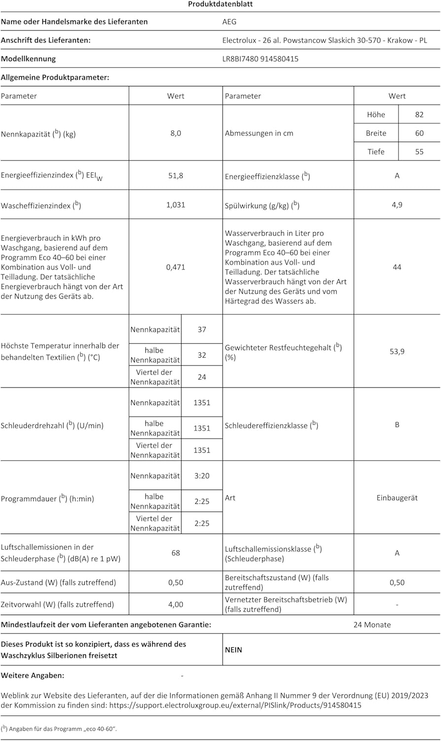 AEG L6FBG51470 Waschmaschine / Serie 6000 mit ProSense / Testsieger der Stiftung Warentest / 7,0 kg / Leise / Mengenautomatik / Nachlegefunktion / Kindersicherung / Wasserstopp / 1400 U/min