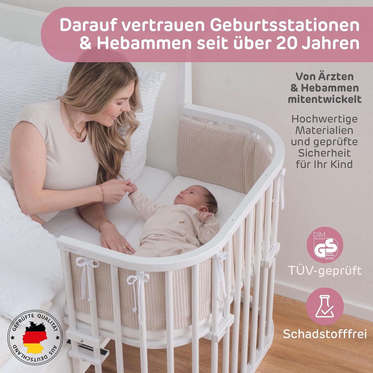 babybay Original Beistellbett aus massivem Buchenholz / kompakt & verwandelbar / Kinderbett Höhe stufenlos verstellbar & umweltfreundlich / mitwachsendes Babybett (weiß lackiert) / inkl. Matratze