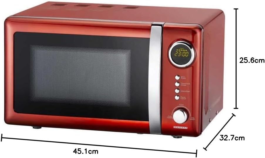 Melissa 16330109 Classico Mikrowelle Mikrowellenofen Retro-Design Metall-Gehäuse, 20 Liter Garraum, 700 Watt Mikrowellenleistung, Timer, 5 Leistungsstufen, Rot Metallic