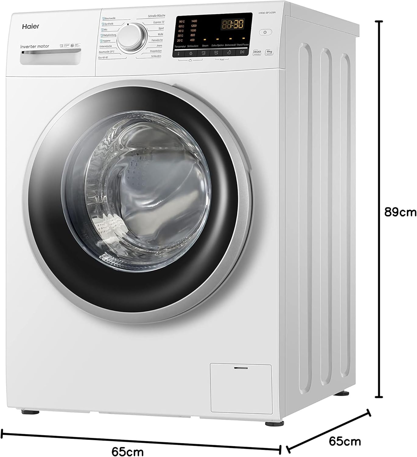 Haier HW80-BP1439N Waschmaschine / 8 kg / 1400 UpM / Inverter Motor / Dampf-Funktion / AquaProtect-Schlauch / ABT / Eco 40-60 Programm