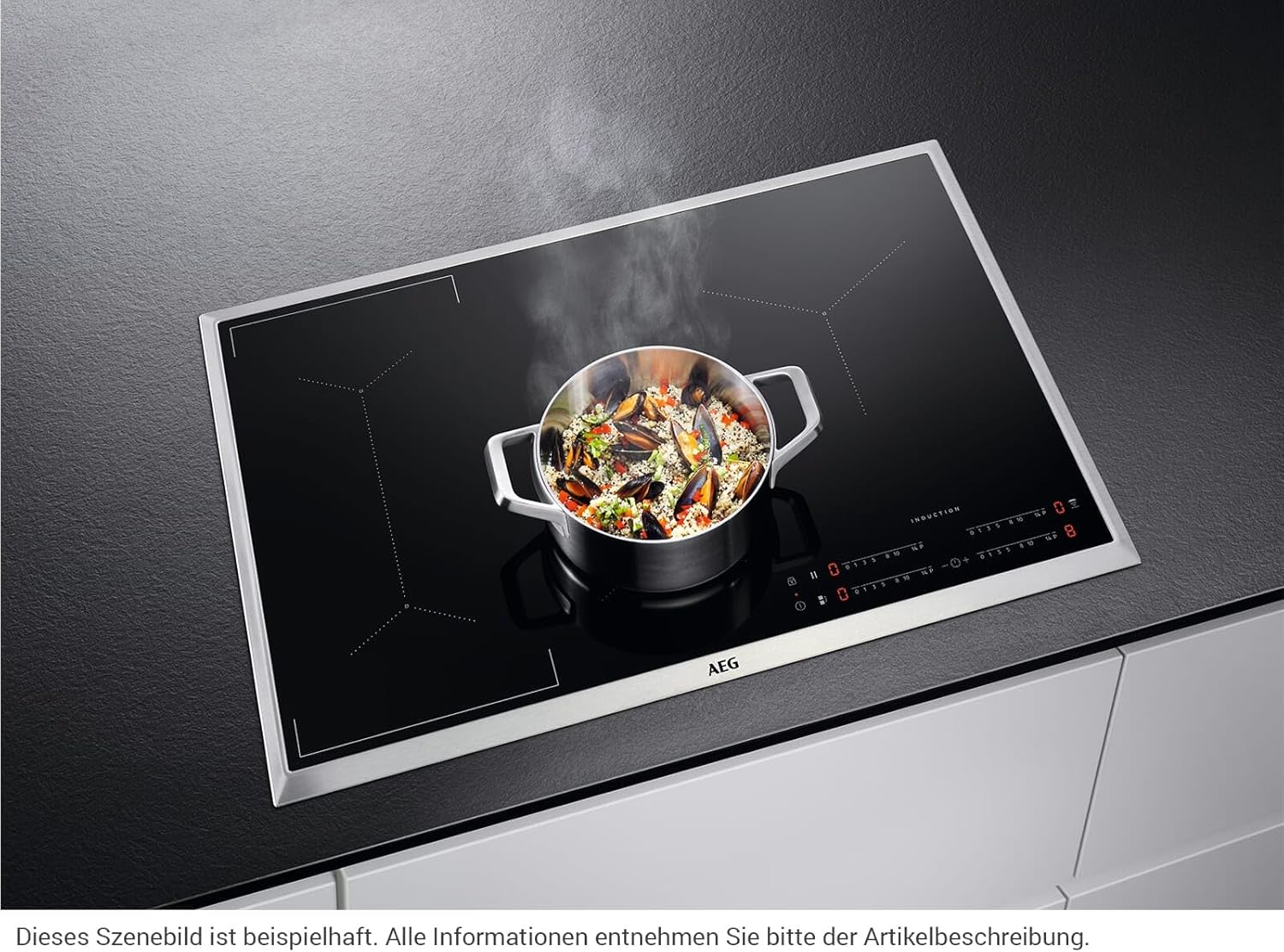 AEG IKE84441XB Autarkes Kochfeld / Herdplatte mit Touchscreen, Topferkennung & Hob²Hood-Funktion / Induktionskochplatte / 4 Kochzonen / Edelstahlrahmen / 80 cm Schwarz