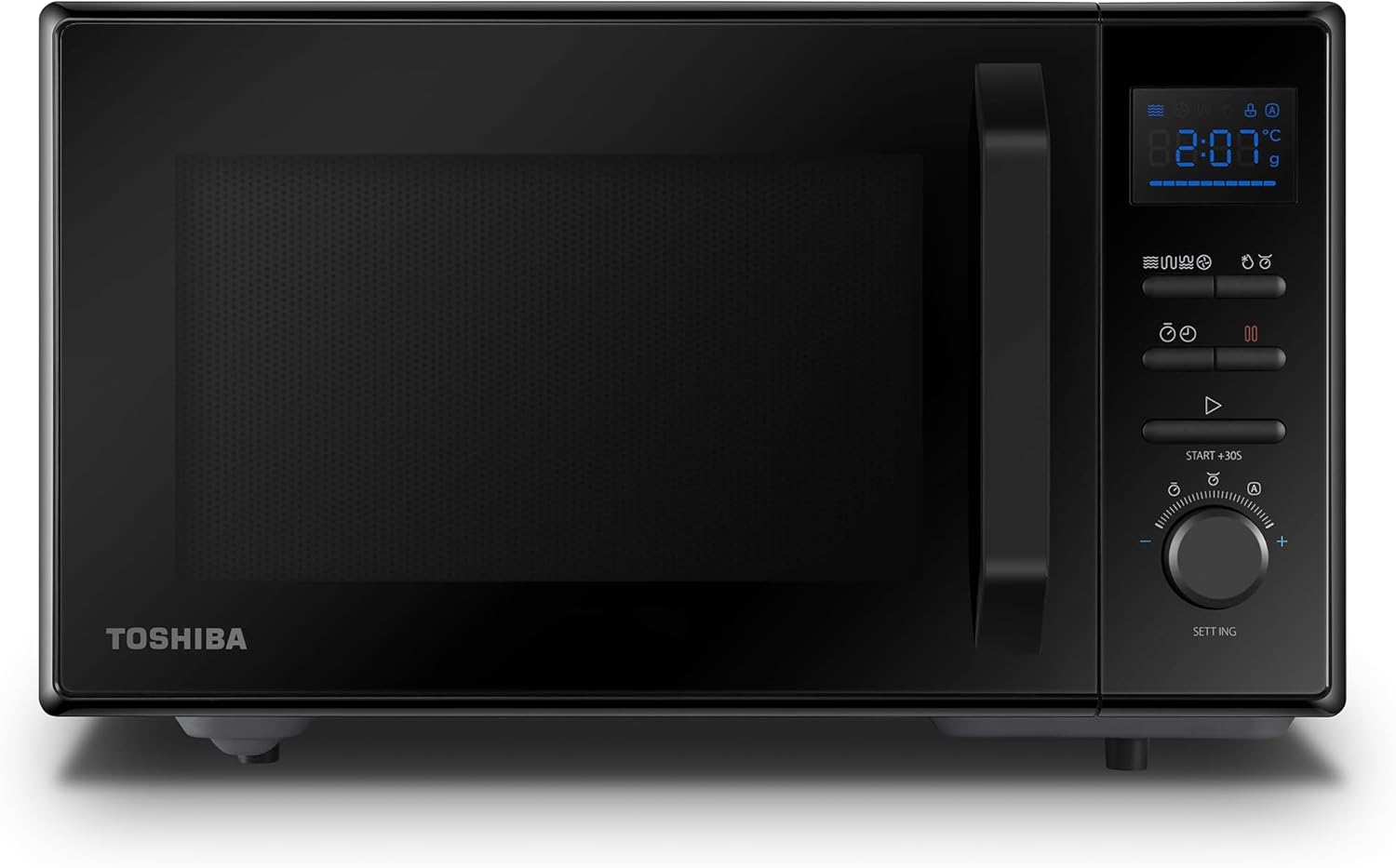 Toshiba MW2-AC25T(BK) 4-in-1 Mikrowellengrill mit Konvention, 25 l, 10 einfache Speisekarten, emaillierter Hohlraum, Speicherplatz drehbar, 1100 W Grill, 2100 W, Konvention, Schwarz