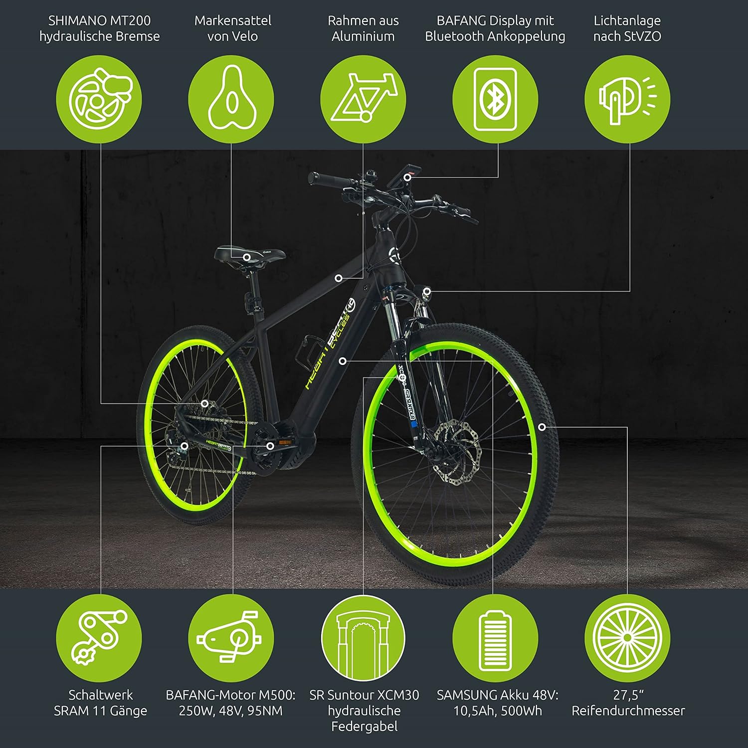 Highphoria Elektrofahrrad Erwachsene, 250W 25 km/h E-Bike mit Batterie, Starker Motor, Kettenschaltung, E-Mountainbike mit Hydraulische Federgabel Pedelec für Damen & Herren